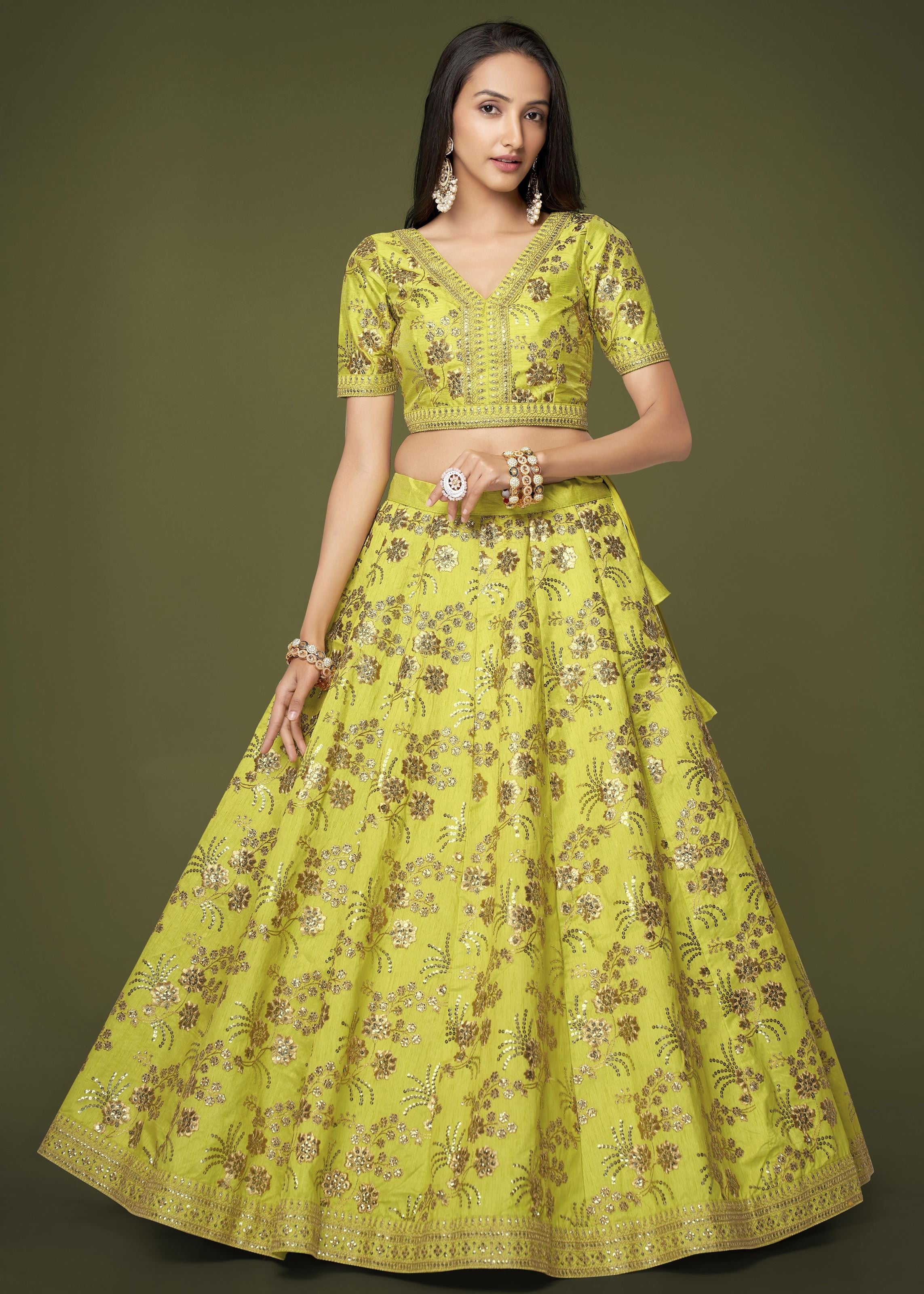 Neon Slub Silk Lehenga Choli With Zari Sequins and Dori Embroidery Work