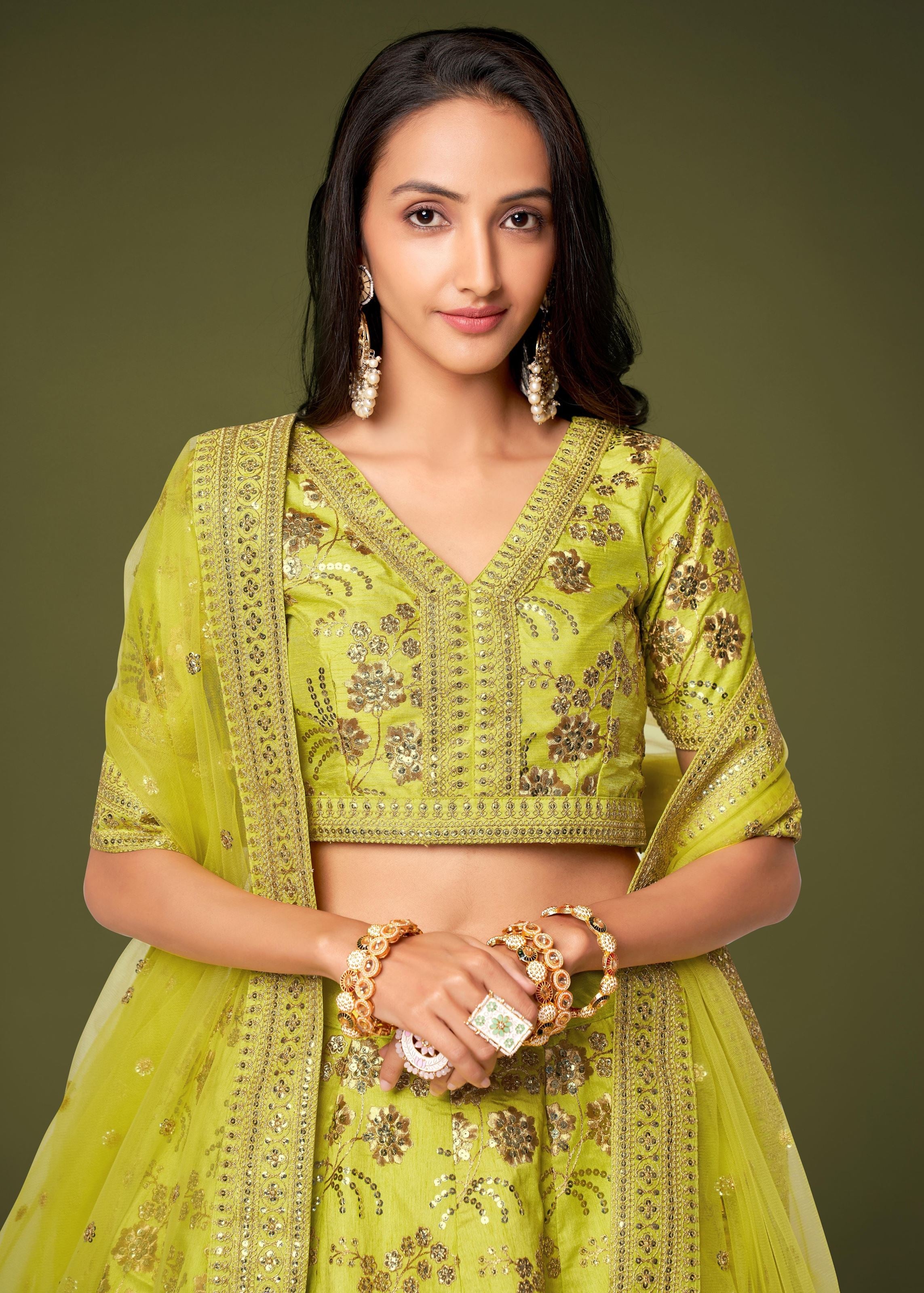 Neon Slub Silk Lehenga Choli With Zari Sequins and Dori Embroidery Work