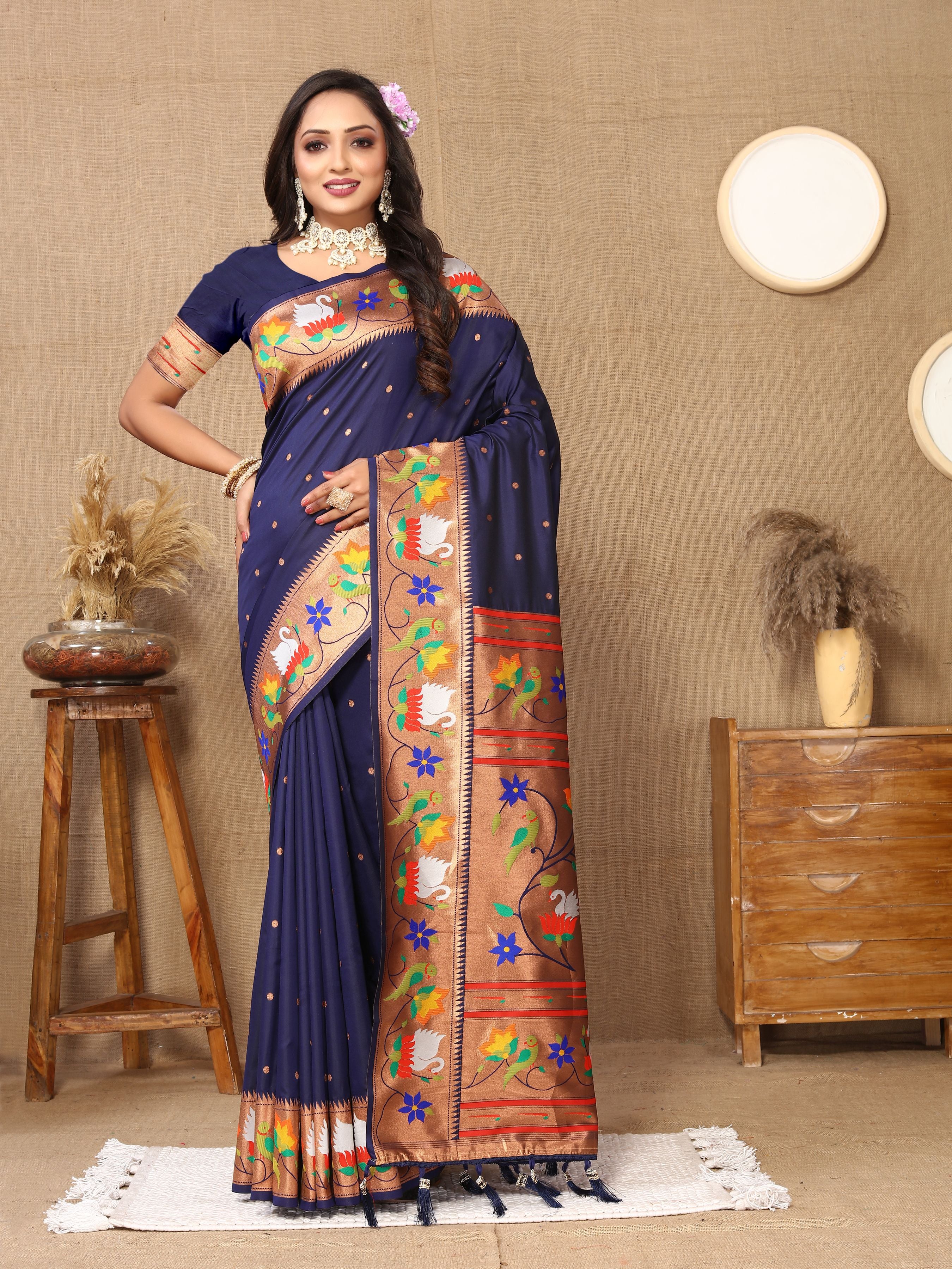 Nevy Blue Paithani Silk Woven Meenakari Paithani Designer Saree