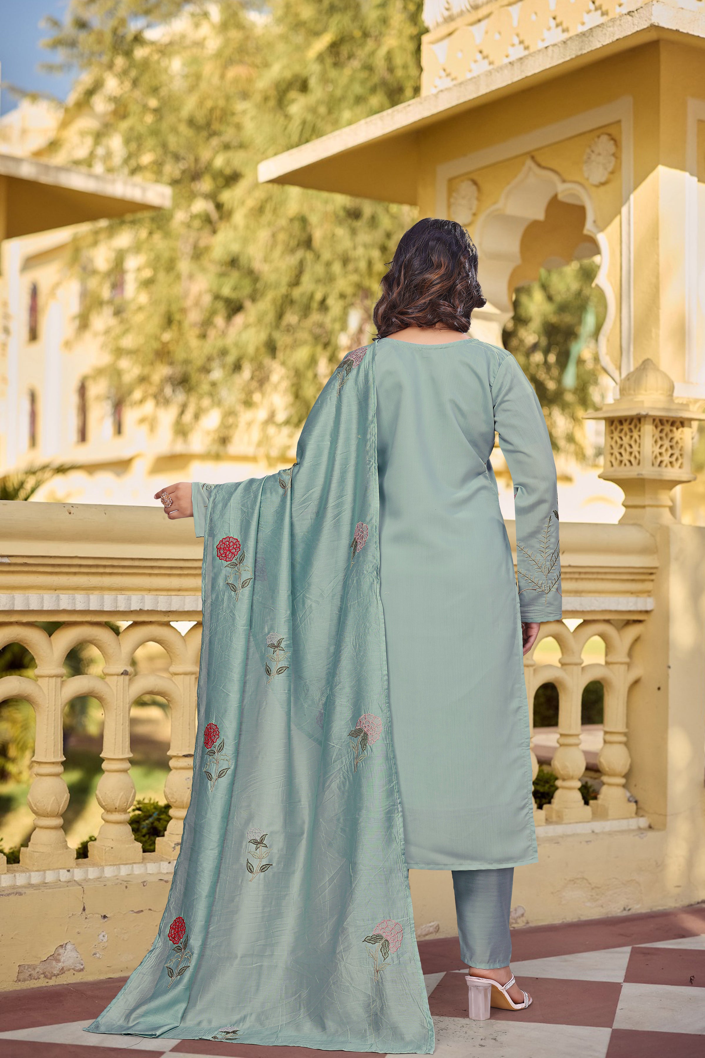 Ocean Mist Chanderi Silk Kurta Pant Set With Heavy Thread Embroidery Work