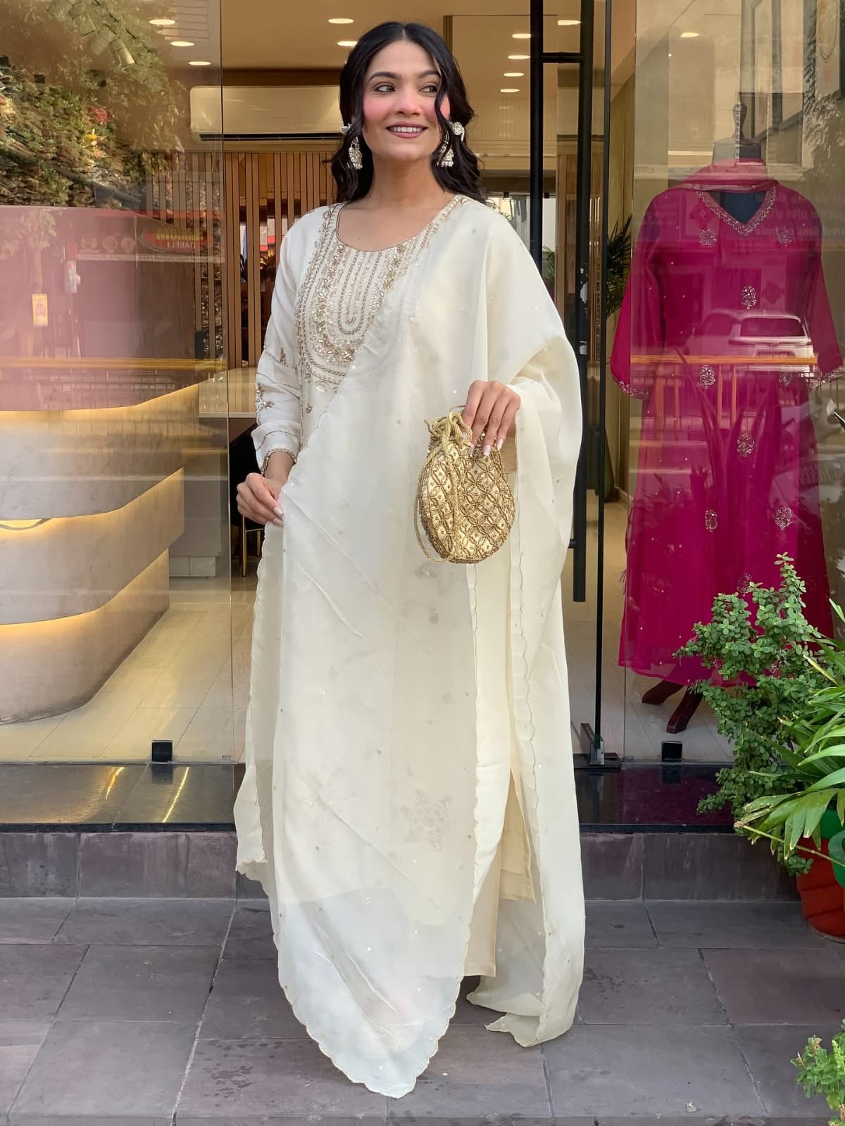 Off White Art Silk Kurta Pant Set With Thread Embroidered With Sequins Work