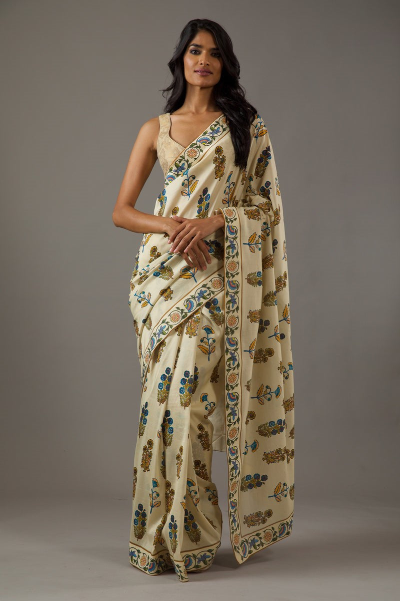 Off White Bright Moss Saree With Printed