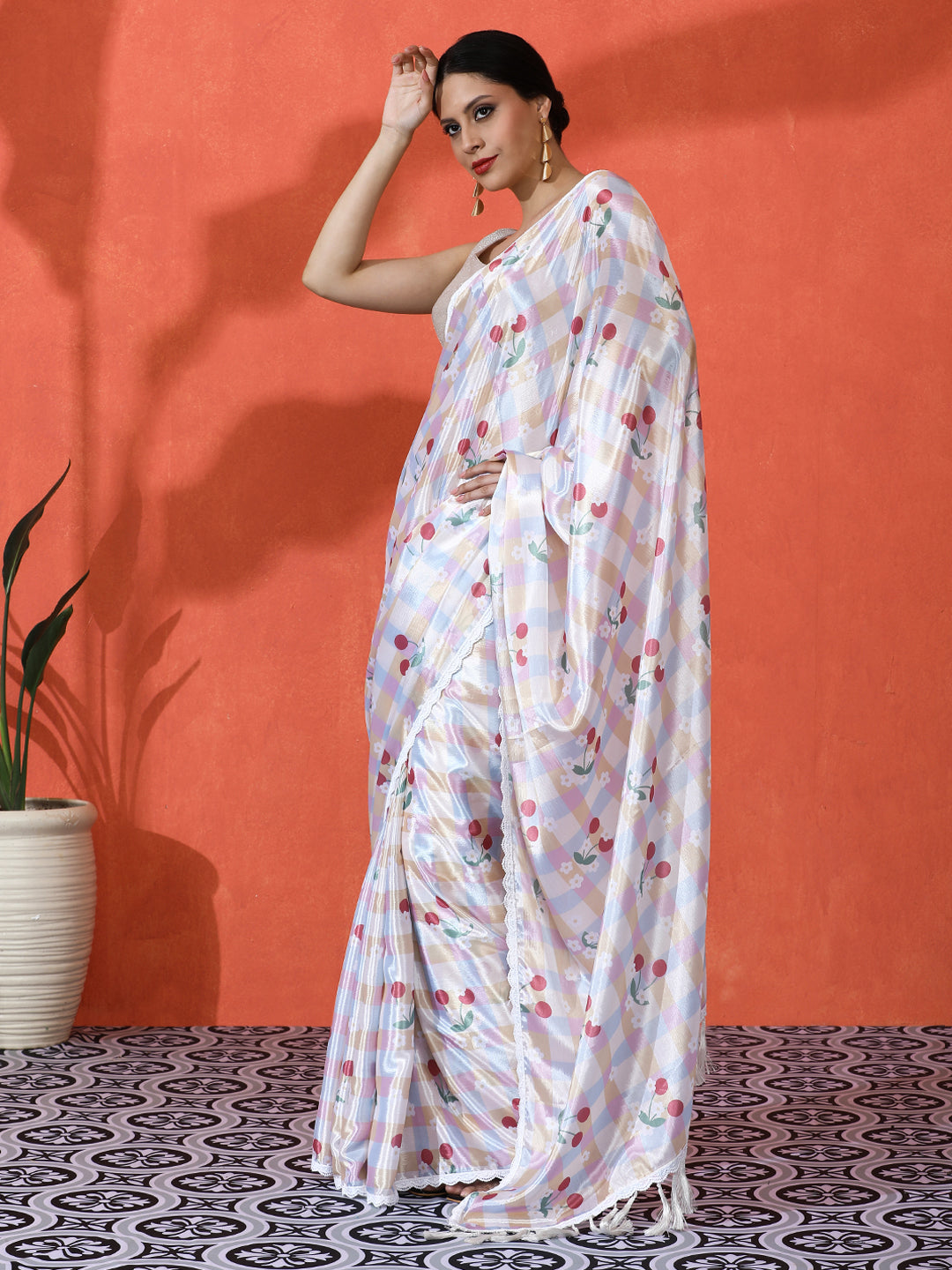 Off White Chinon Designer Digital Printed Saree For Ceremonial Looks