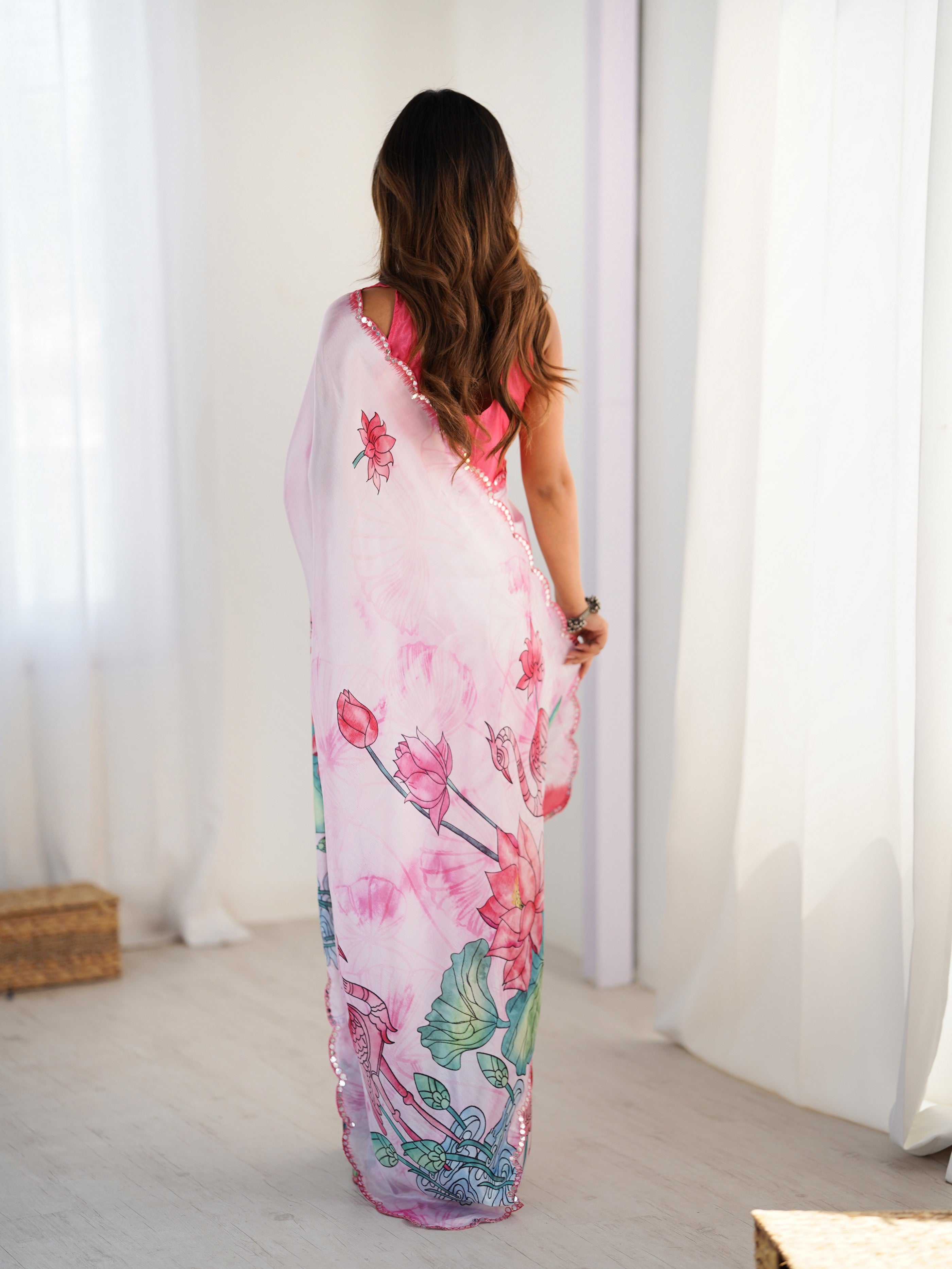 Off White Digital Printed Stylish Chinon Fanbric Glamorous Partywear Saree