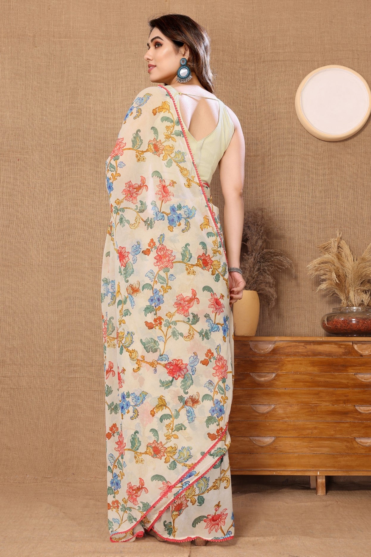 Off White Georgette Ready-to-Wear Printed Saree with Lace