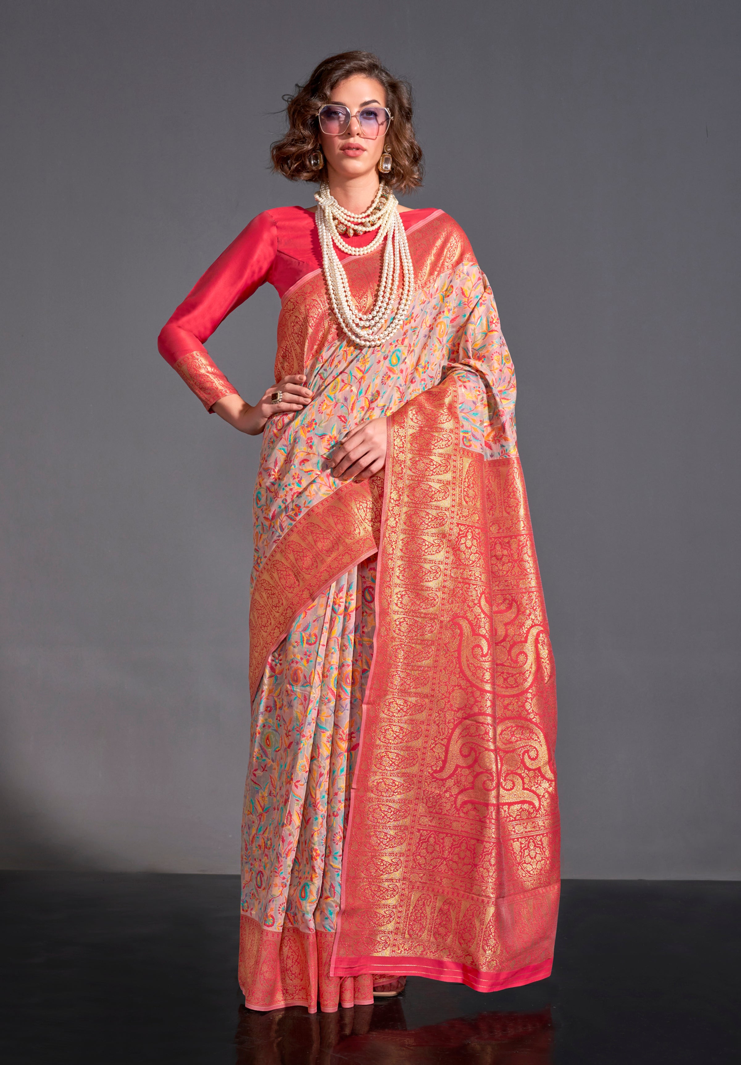 Off White Kashmiri Silk Saree With  Kashmiri Chaap Jacquard Woven Work