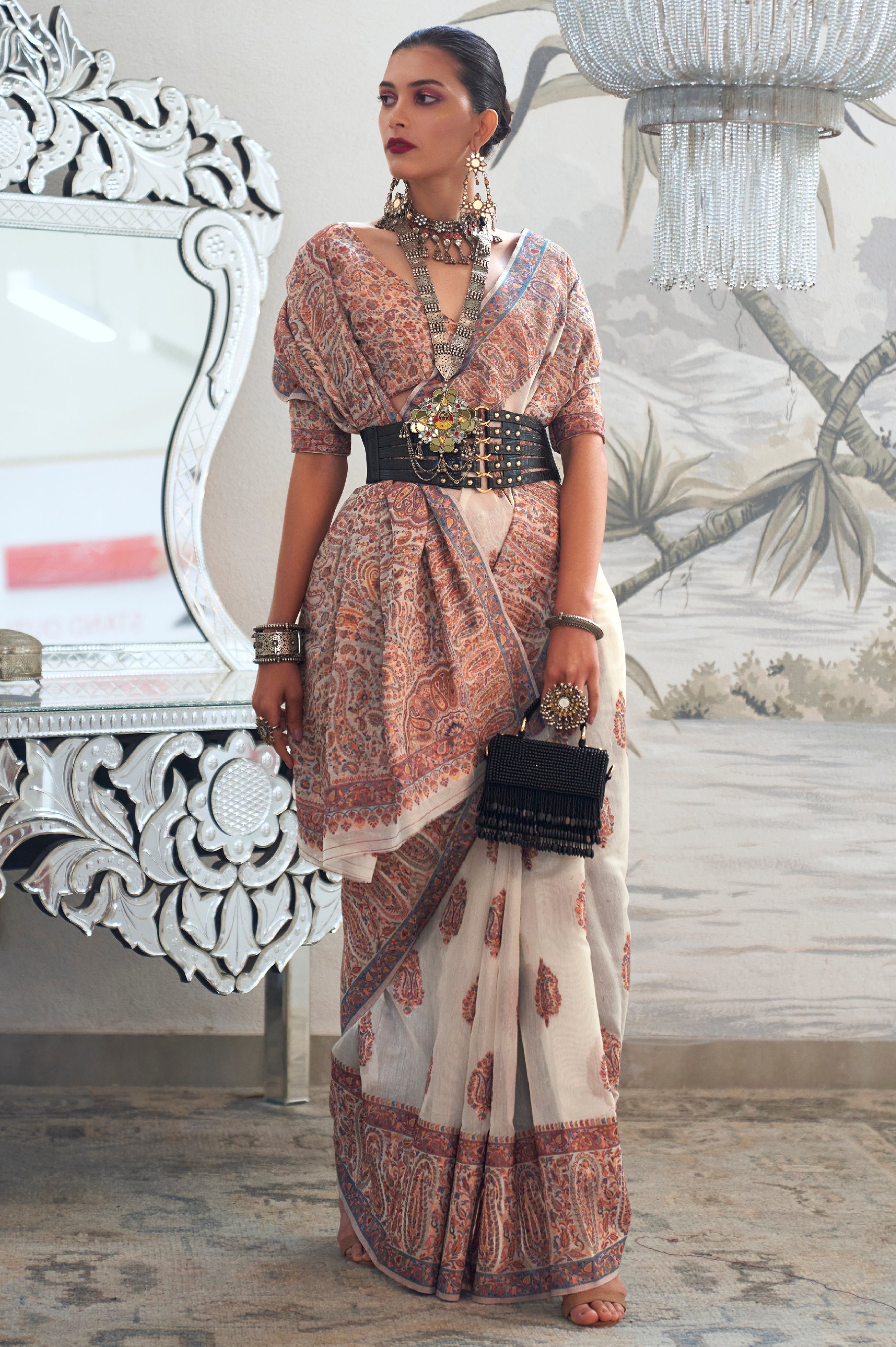 Off White Kashmiri Silk Saree with  Woven Work