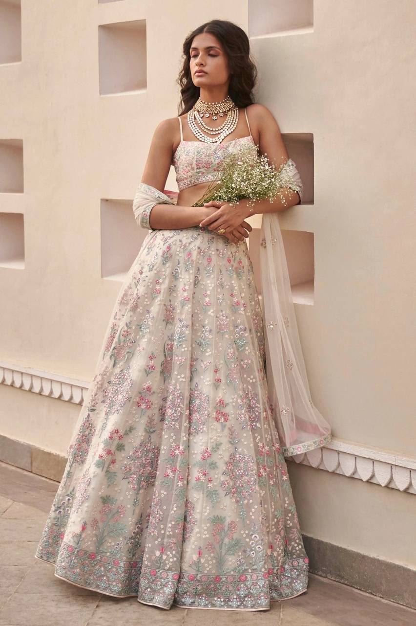 Off White Lehenga Choli With Thread Embroidery Georgette Designer Work