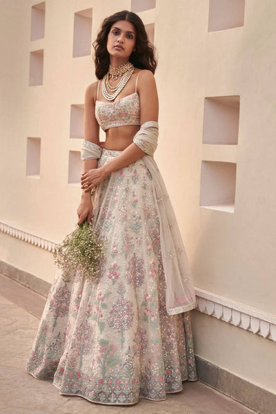 Off White Lehenga Choli With Thread Embroidery Georgette Designer Work