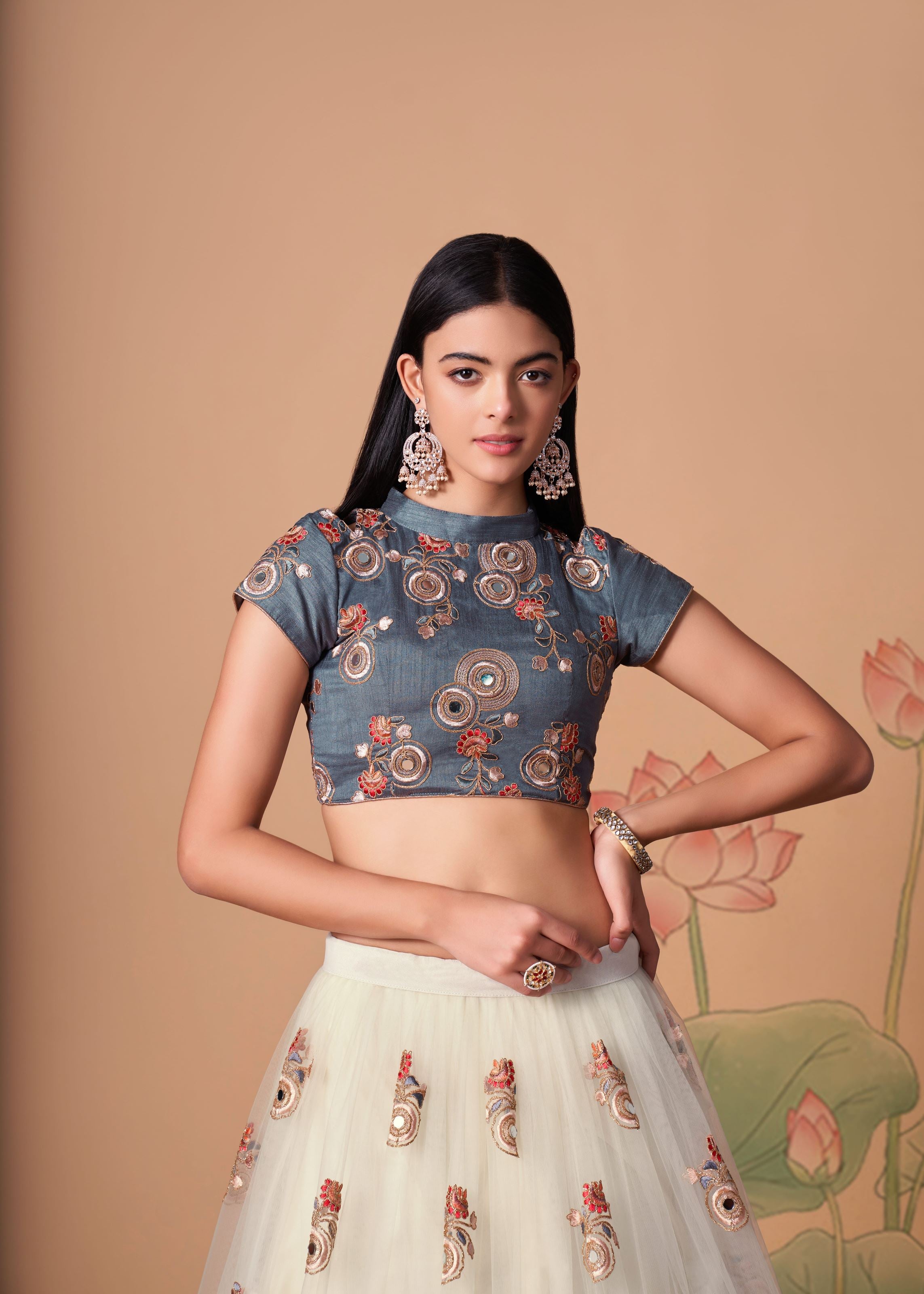 Off White Lehenga Choli With   Thread, Zari, Dori And Sequins Embroidery With Mirror Work