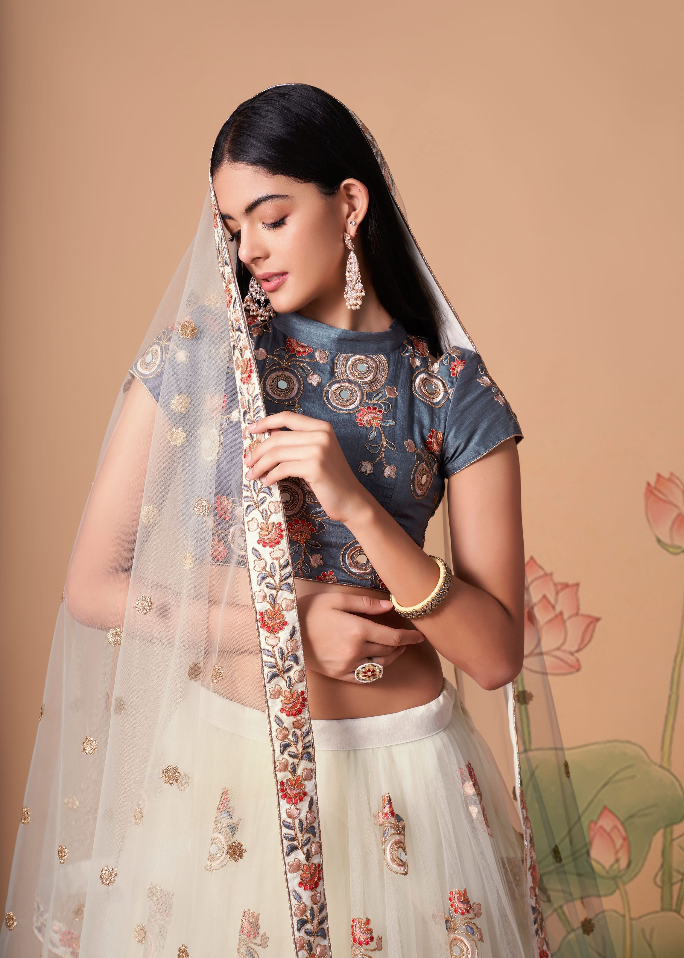 Off White Lehenga Choli With   Thread, Zari, Dori And Sequins Embroidery With Mirror Work