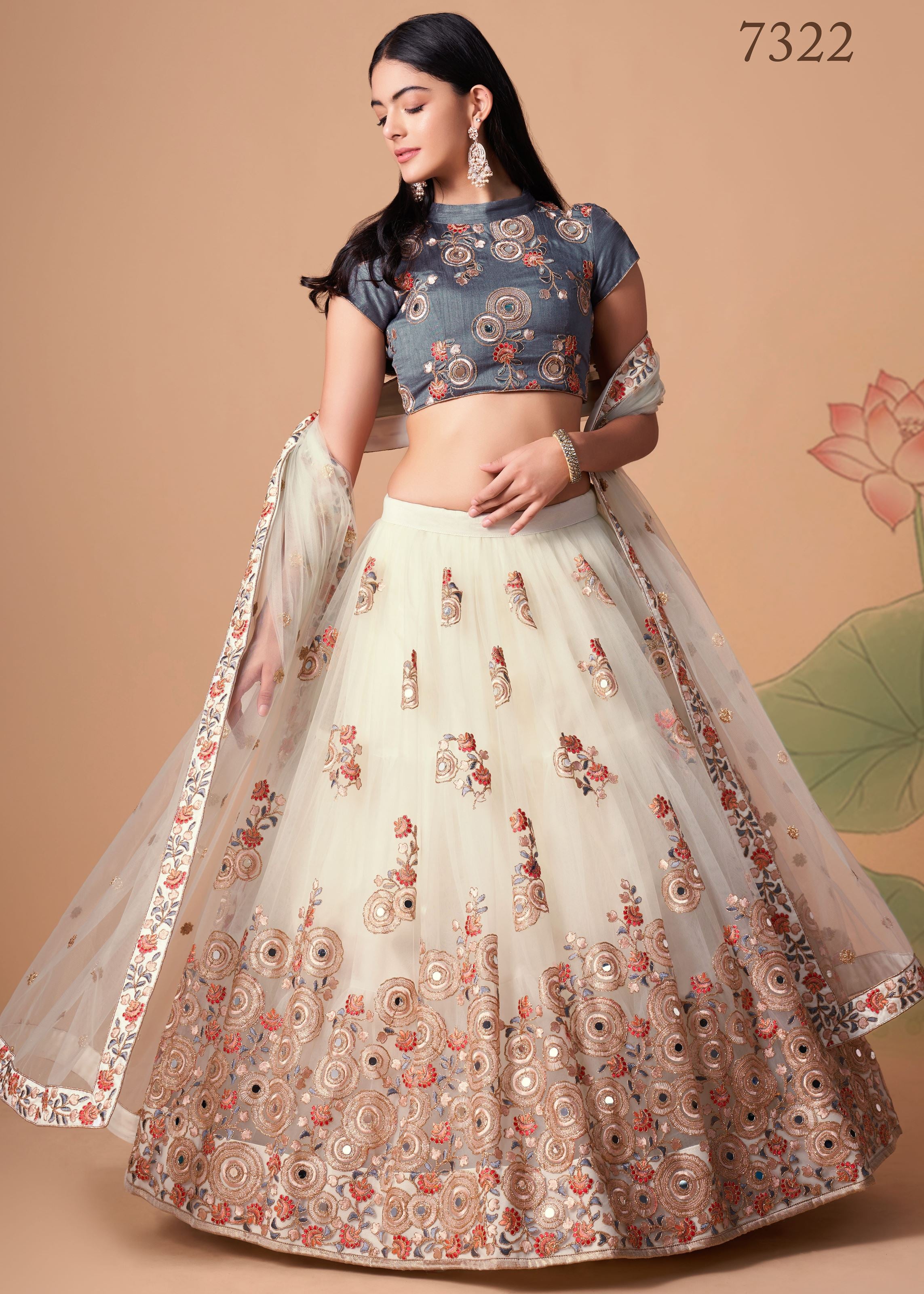 Off White Lehenga Choli With   Thread, Zari, Dori And Sequins Embroidery With Mirror Work