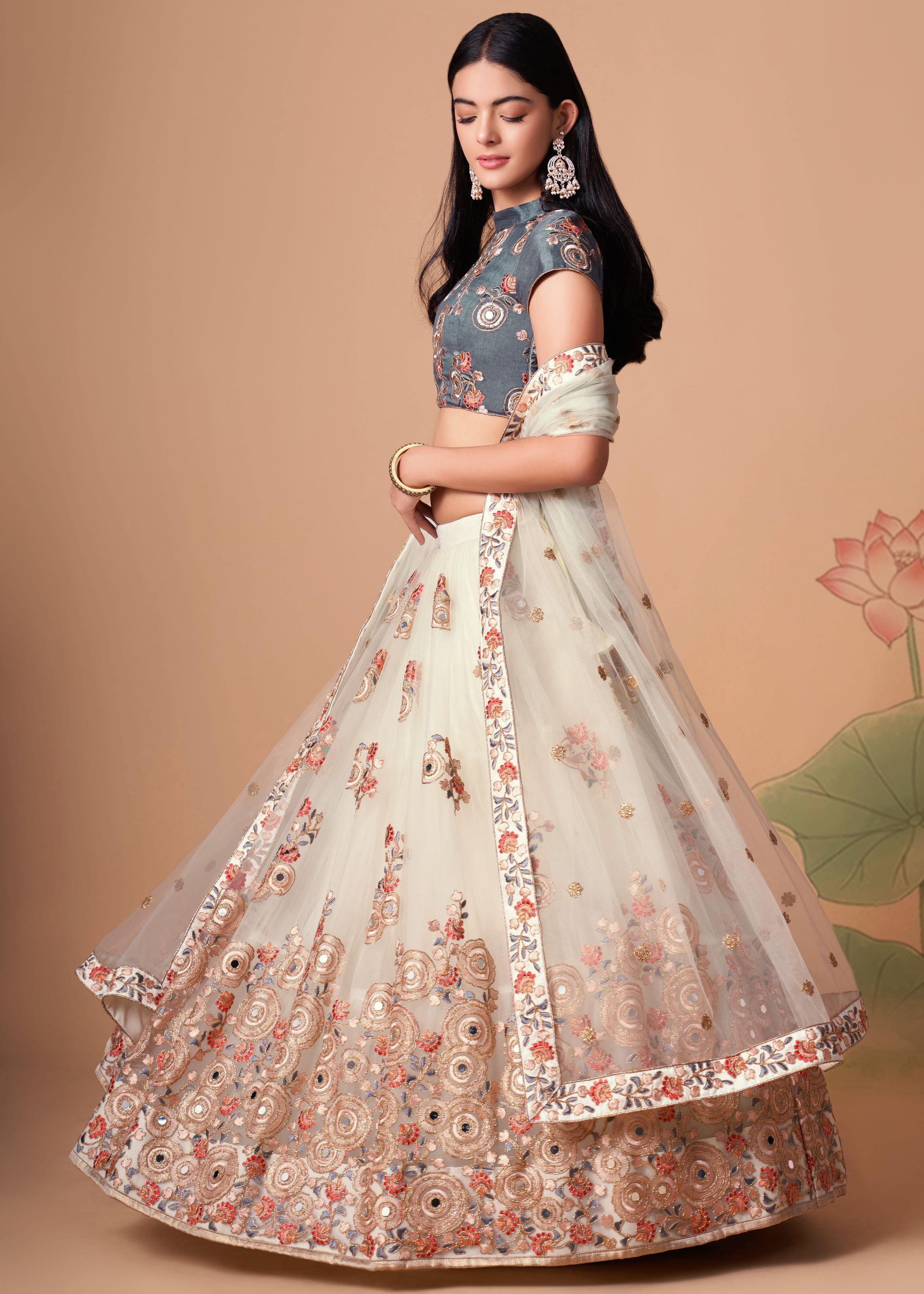 Off White Lehenga Choli With   Thread, Zari, Dori And Sequins Embroidery With Mirror Work