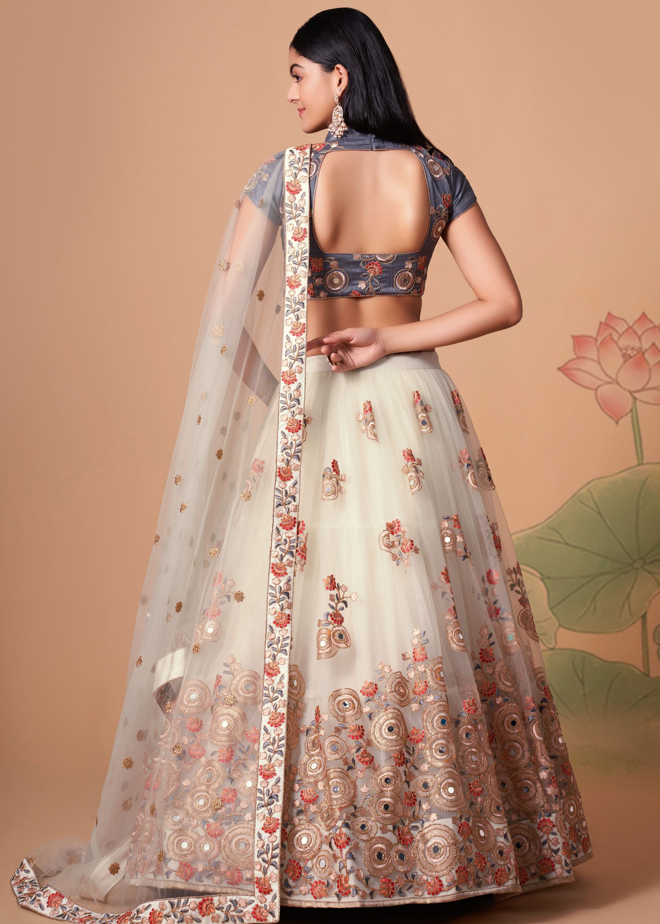 Off White Lehenga Choli With   Thread, Zari, Dori And Sequins Embroidery With Mirror Work