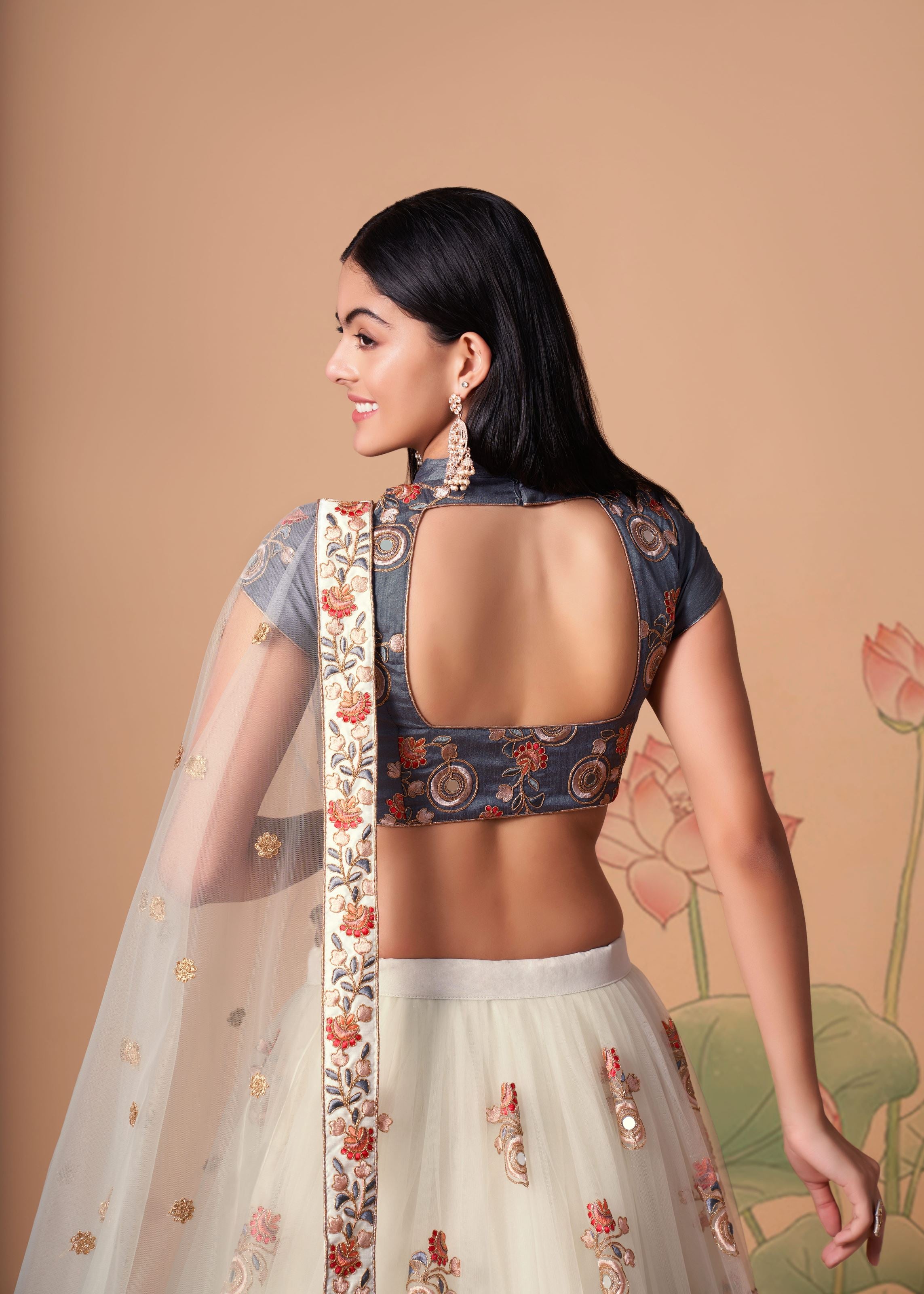 Off White Lehenga Choli With   Thread, Zari, Dori And Sequins Embroidery With Mirror Work