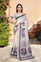 Off White Linen Cotton Woven Border Designer Printed Saree