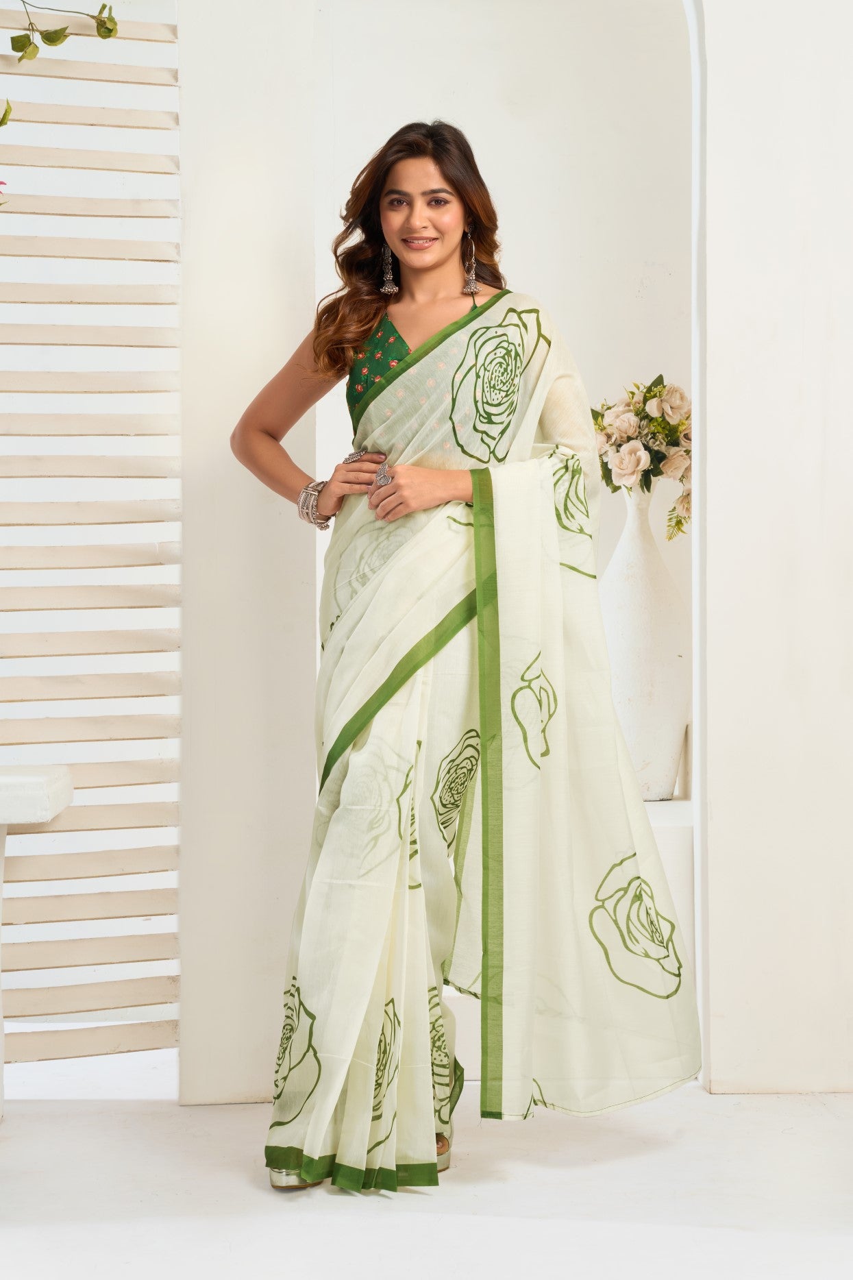 Off White Linen Ready To Wear Saree With Zari Border Printed