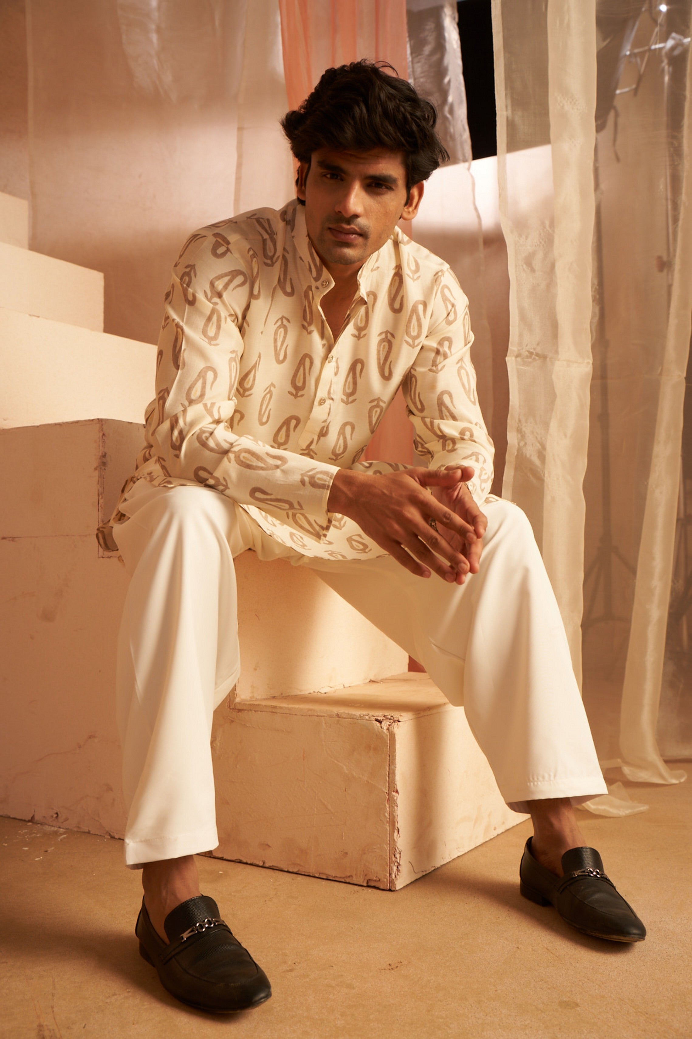 Off White Modal Silk Printed Kurta Payjama – Light and Classy