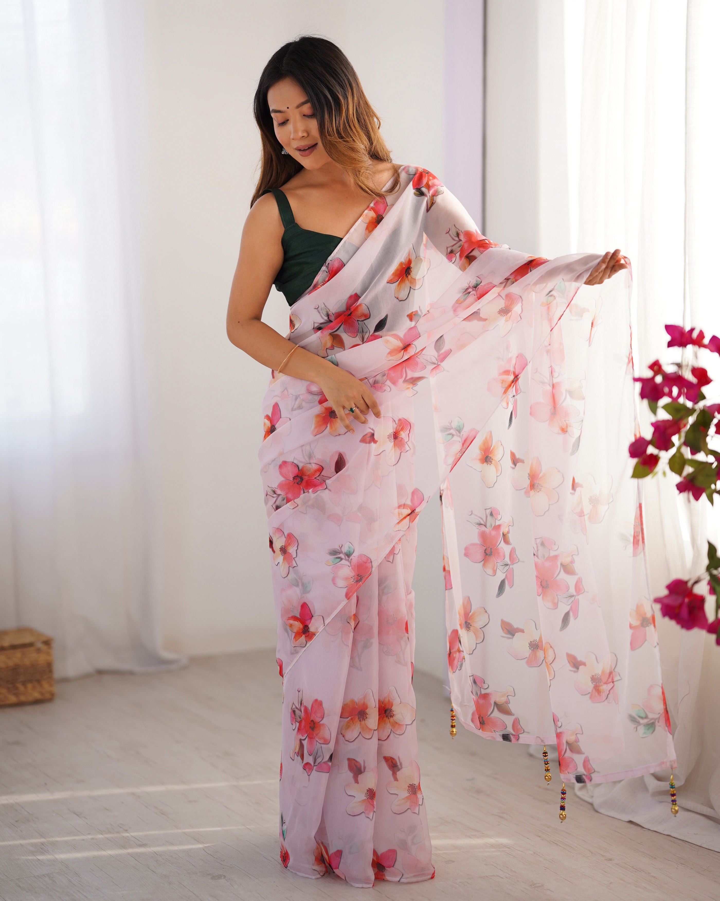 Off White Organza Designer Printed Partywear Saree