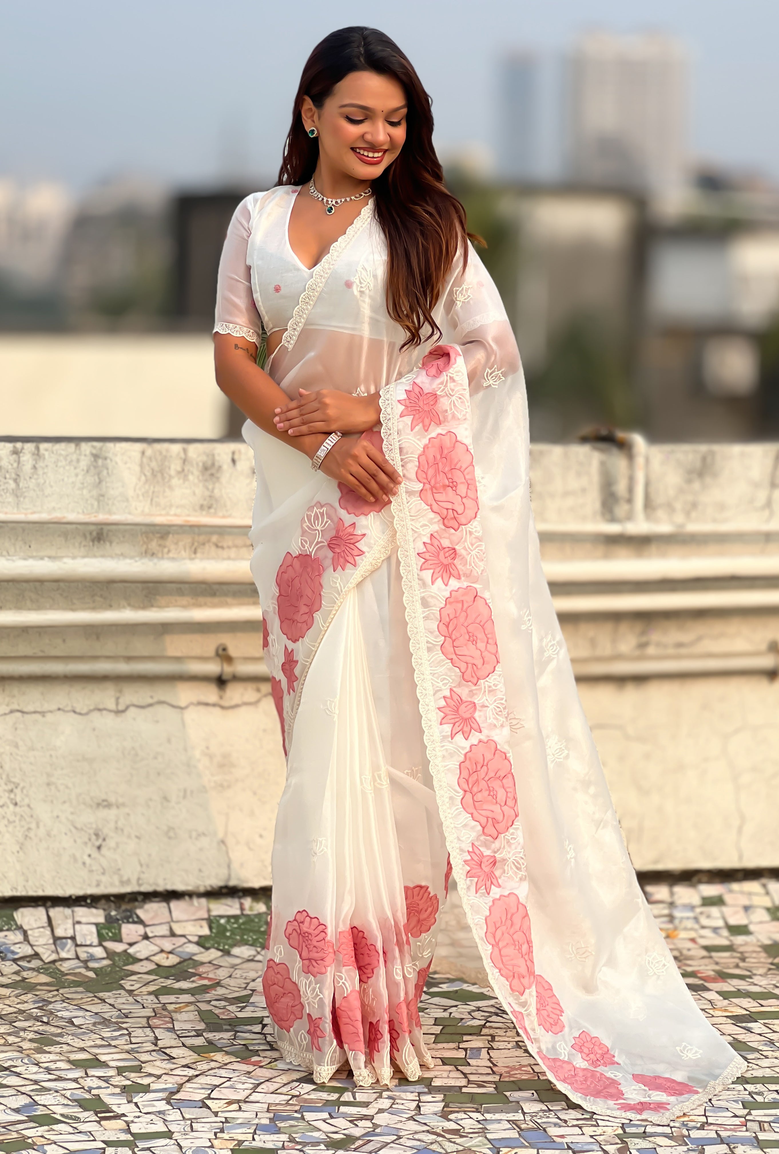 Off White Oris Silk Saree with Designer Lotus Embroidery
