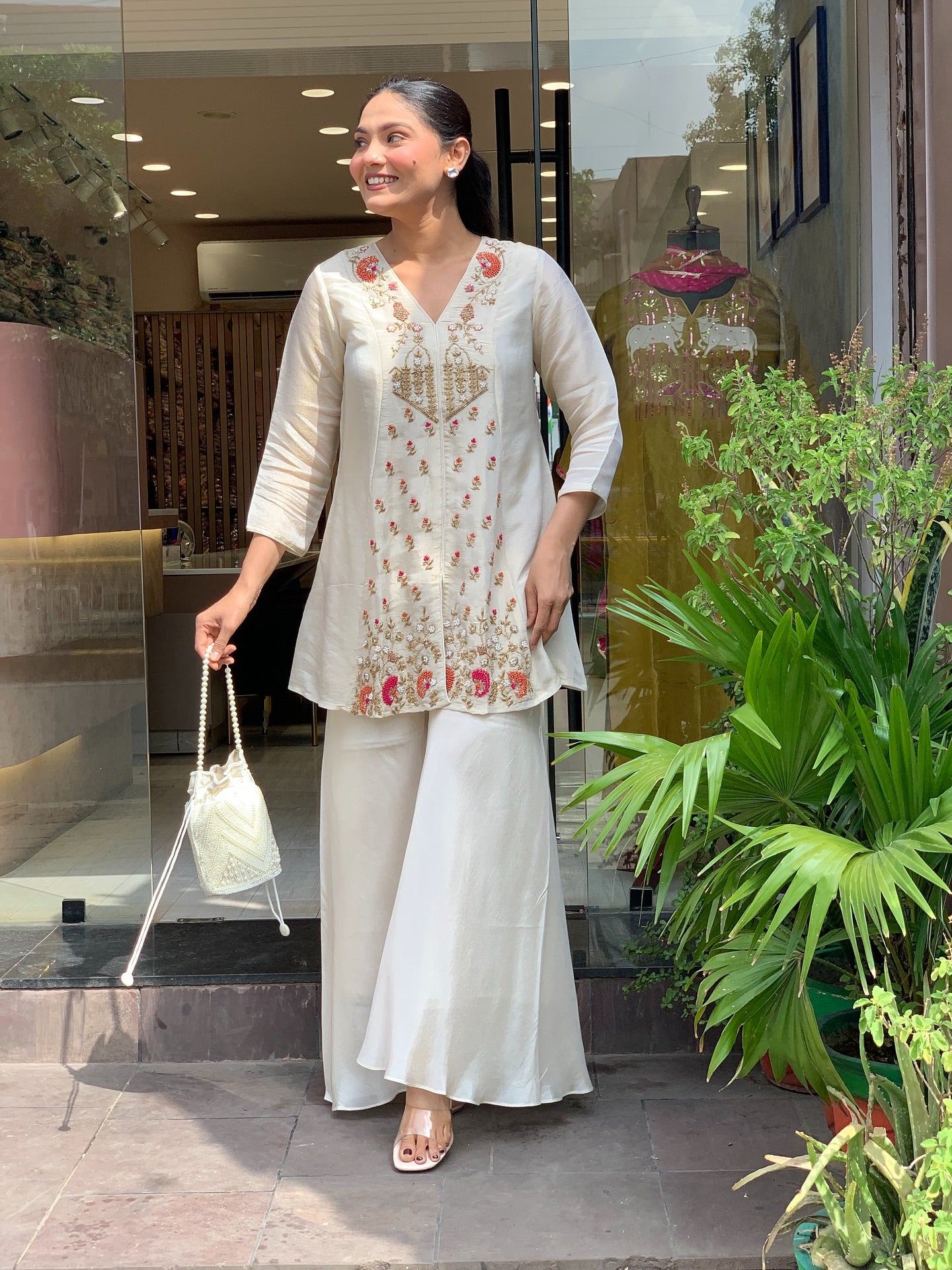 Off White Silk Kurta With Palazzo Set With Heavy Thread Embroidery Work