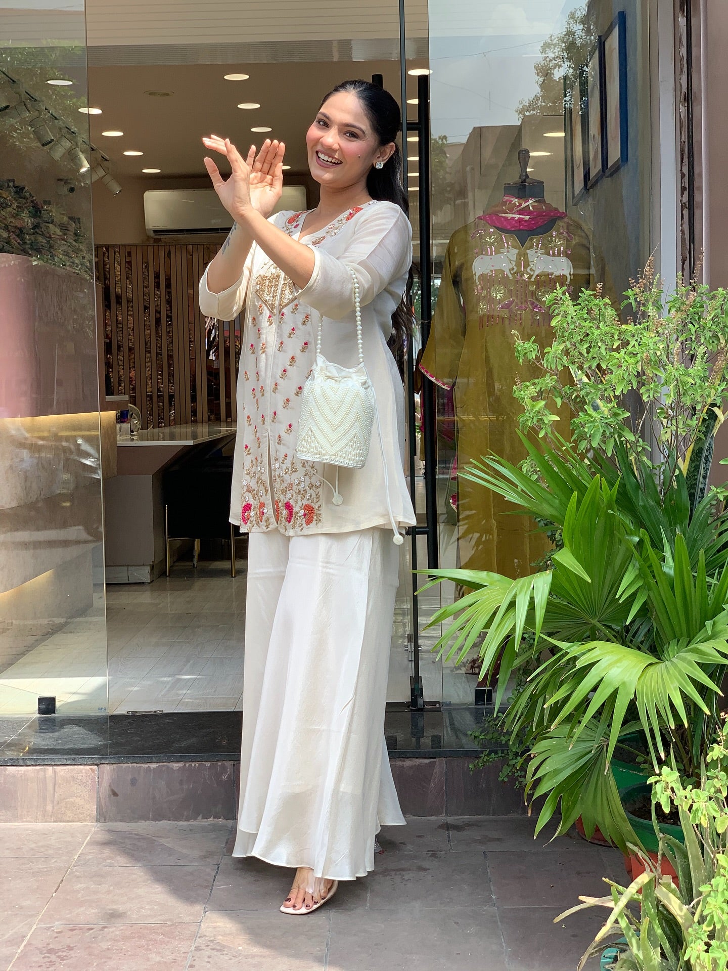 Off White Silk Kurta With Palazzo Set With Heavy Thread Embroidery Work