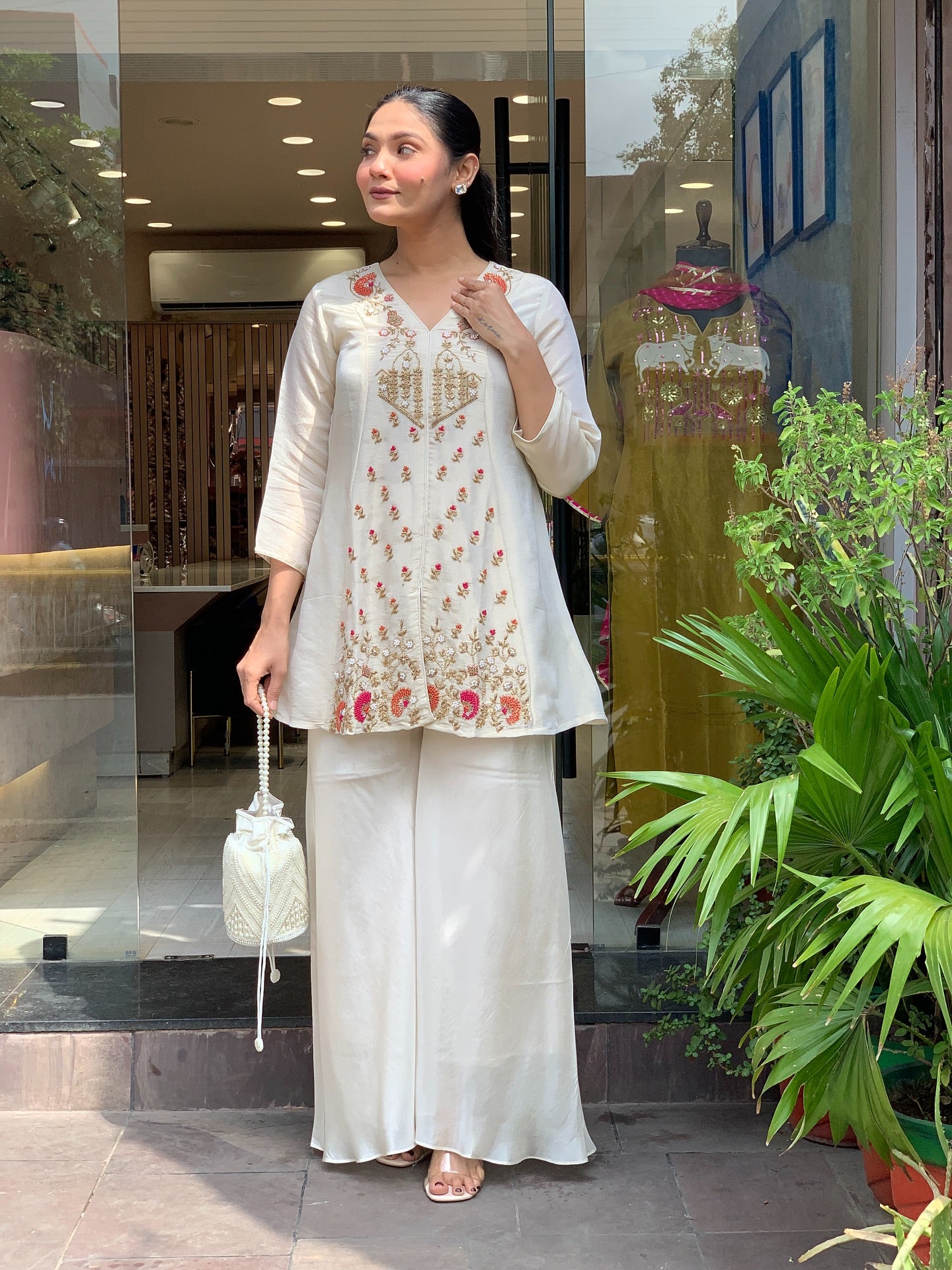 Off White Silk Kurta With Palazzo Set With Heavy Thread Embroidery Work