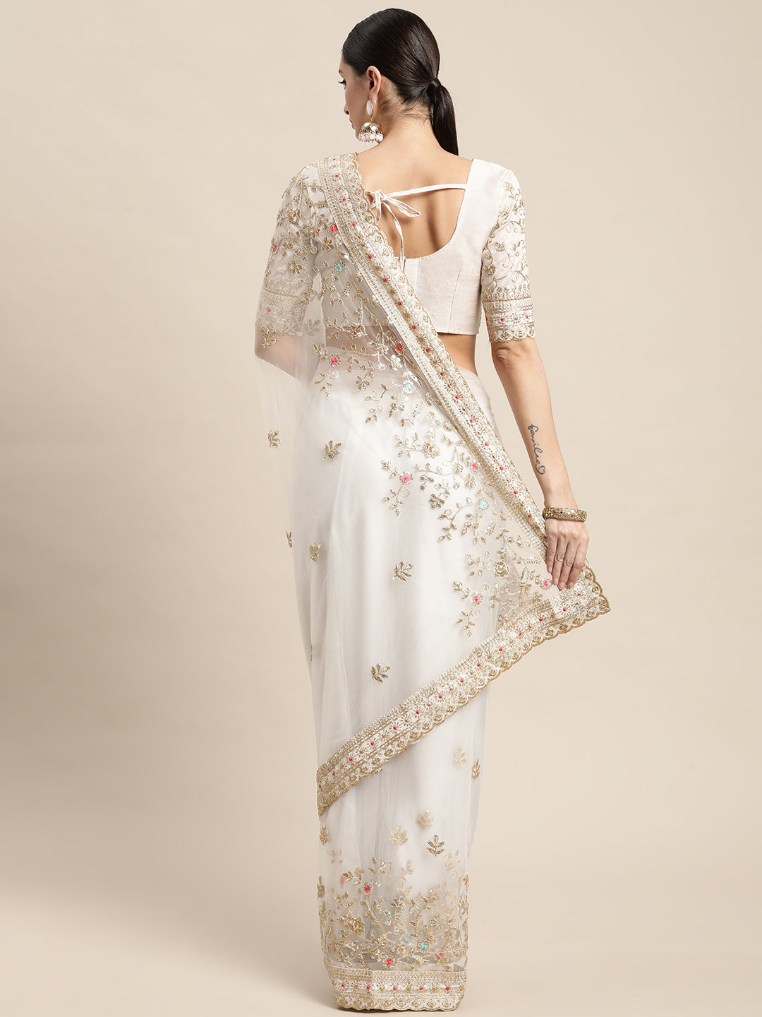 Off White Soft Net Designer Embroidery Work Bollywood Style Saree