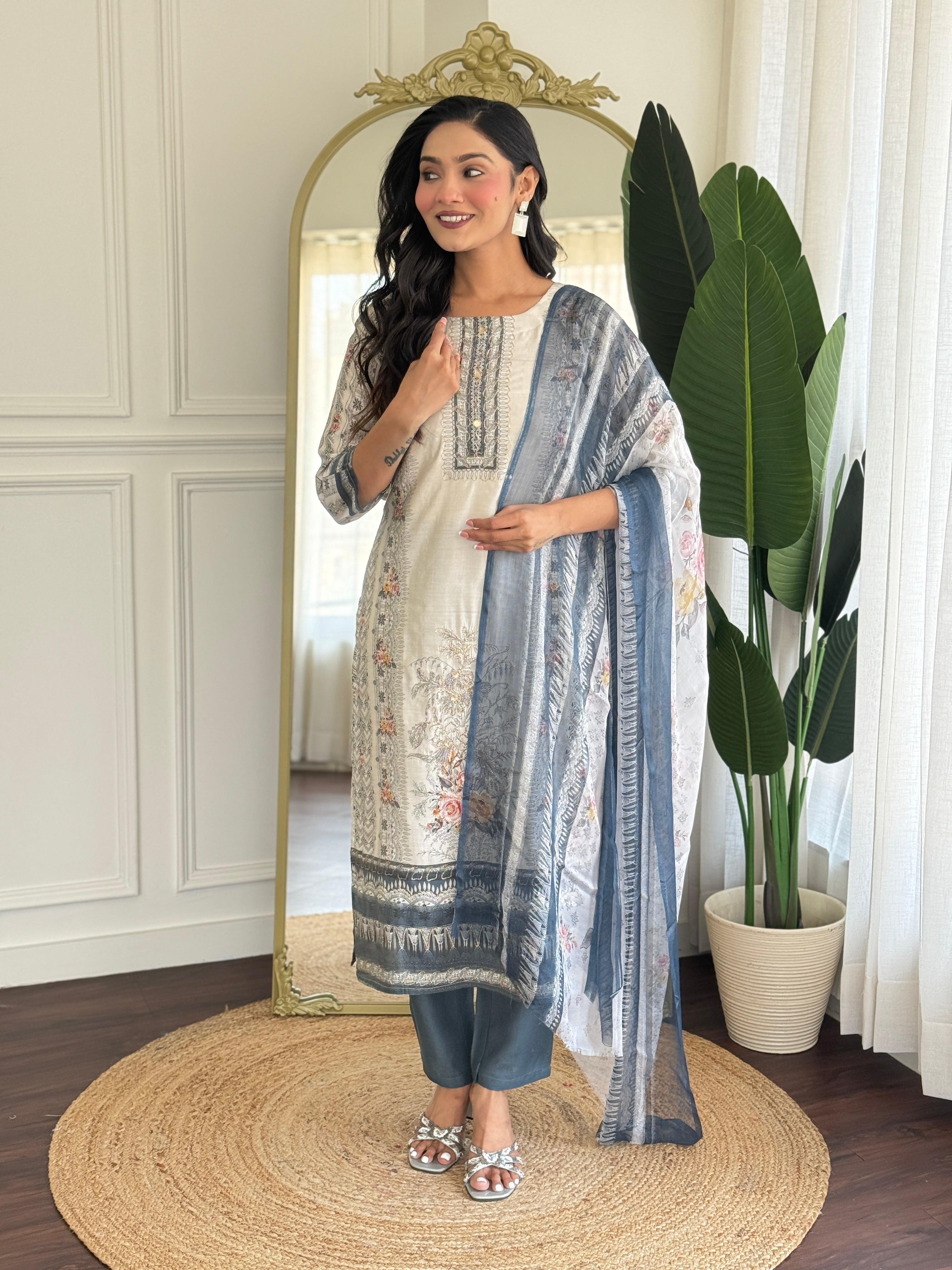 Off White Viscose Modal Kurta Pant with Print With Hand Work