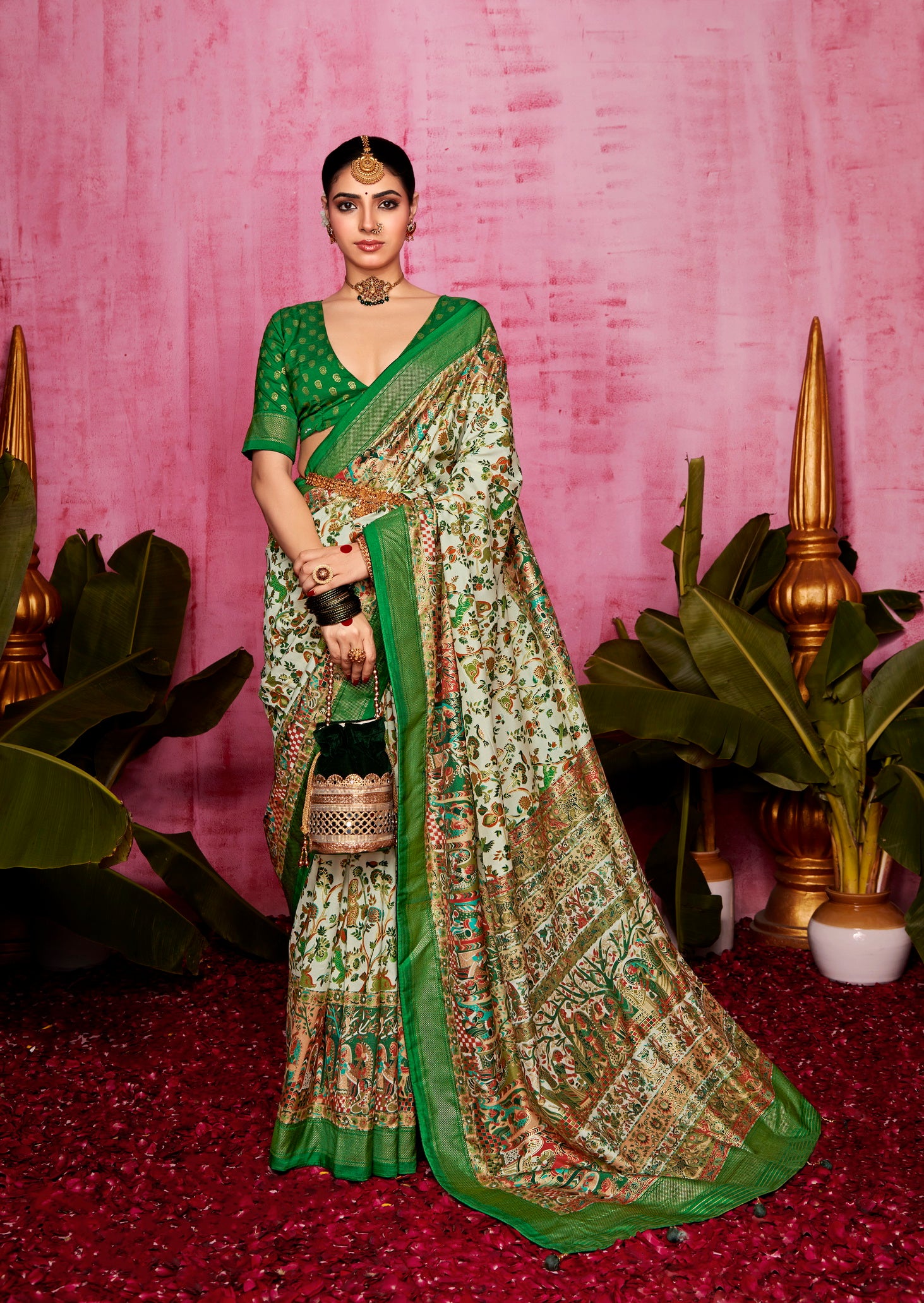 Off White Woven Designer With Polka Dot And Printed Tussar Silk Saree