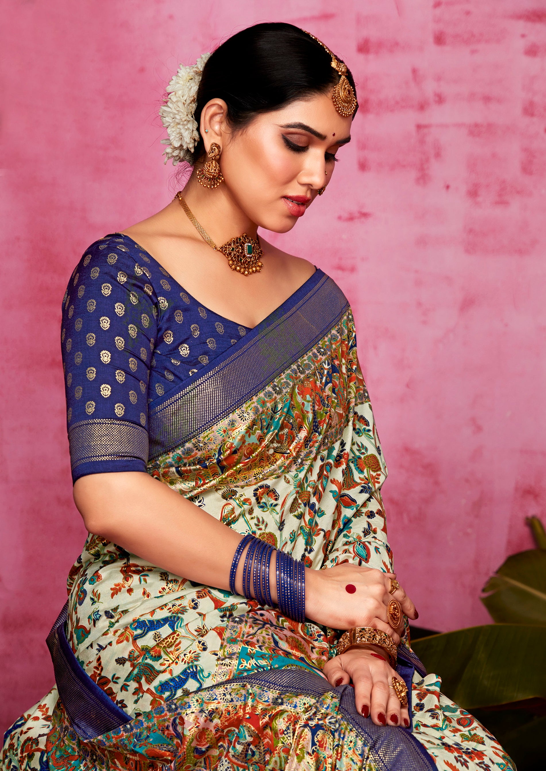 Off White Woven Designer With Polka Dot And Printed Tussar Silk Saree