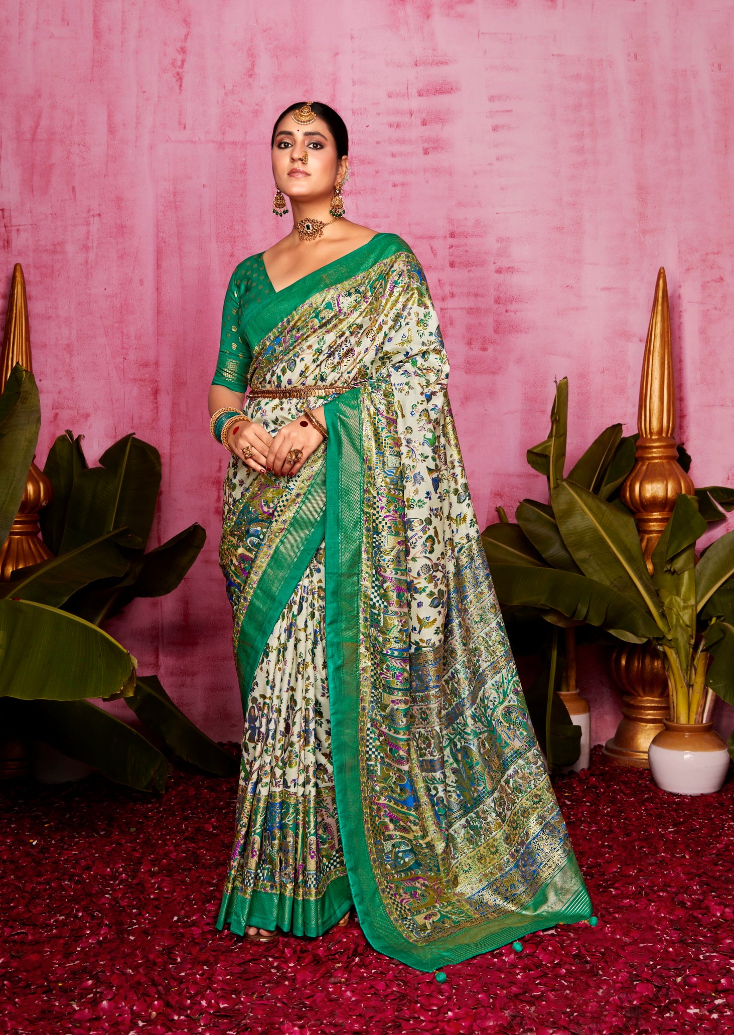 Off White Woven Designer With Polka Dot And Printed Tussar Silk Saree