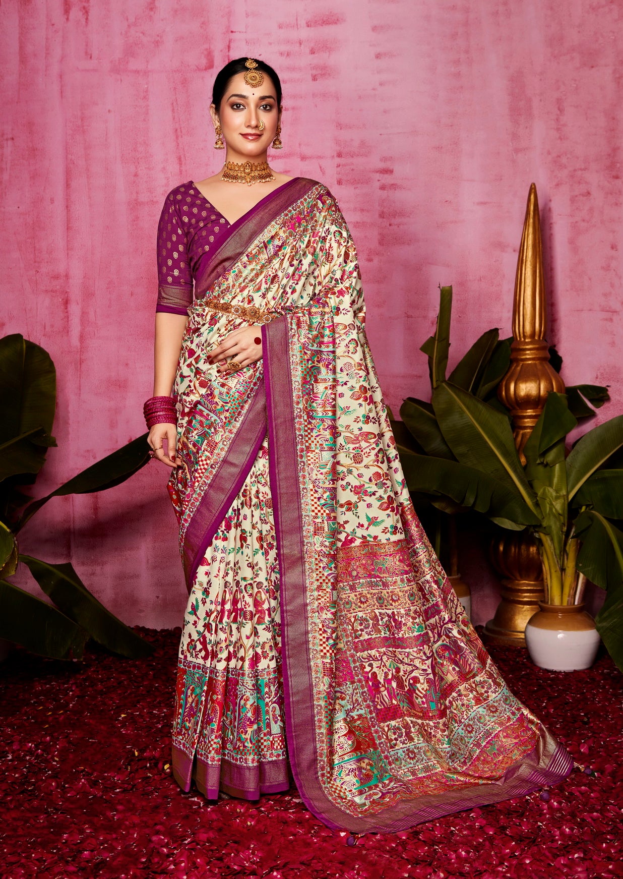 Off White Woven Designer With Polka Dot And Printed Tussar Silk Saree