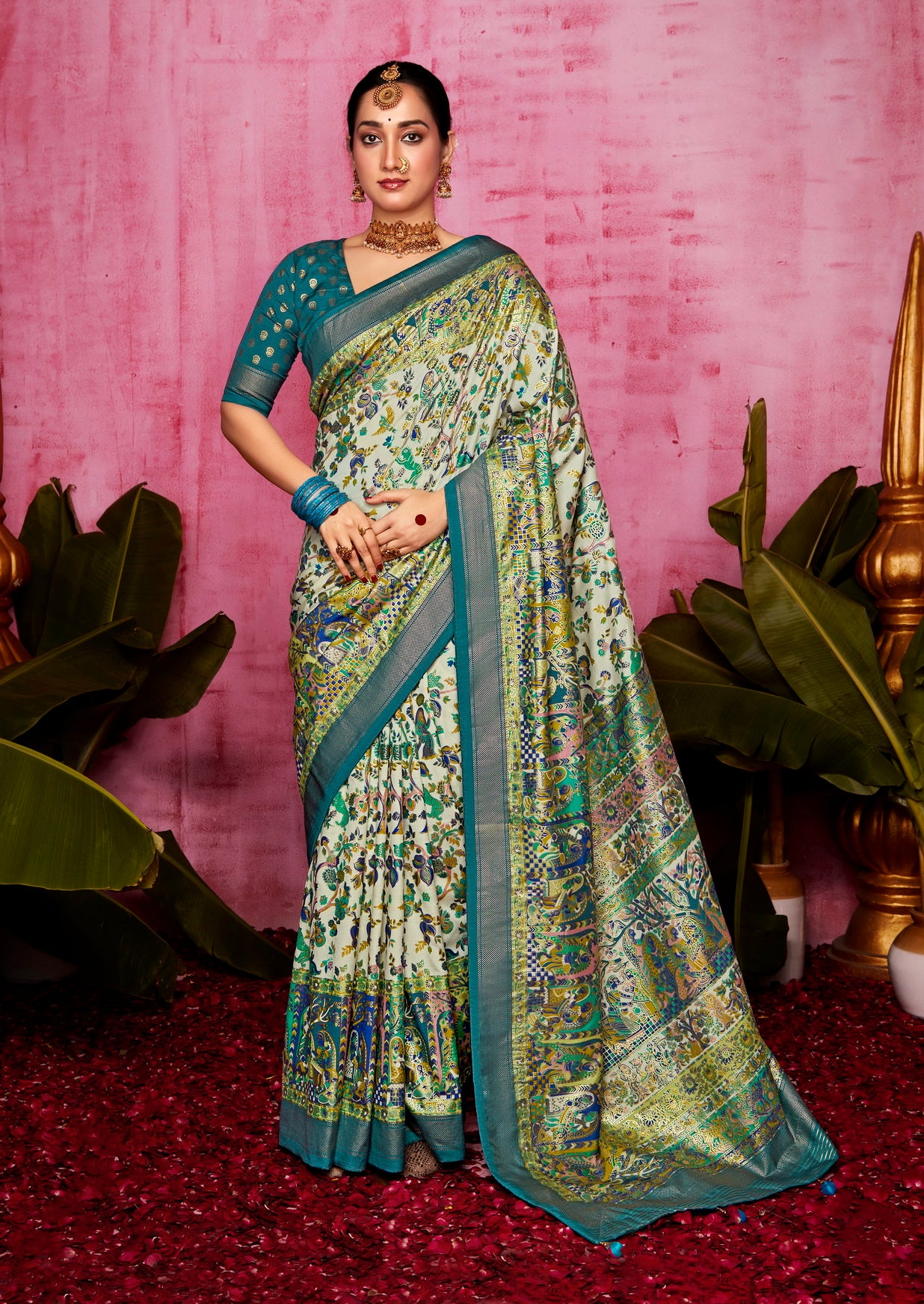 Off White Woven Designer With Polka Dot And Printed Tussar Silk Saree
