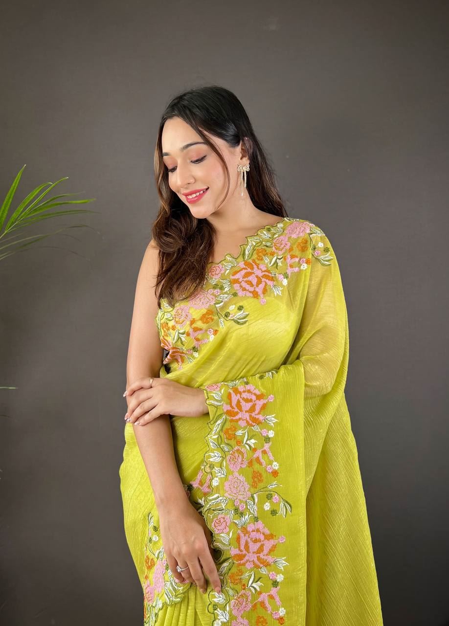 Olive Colour Soft Glossy Silk Heavy Embroidery Work Saree
