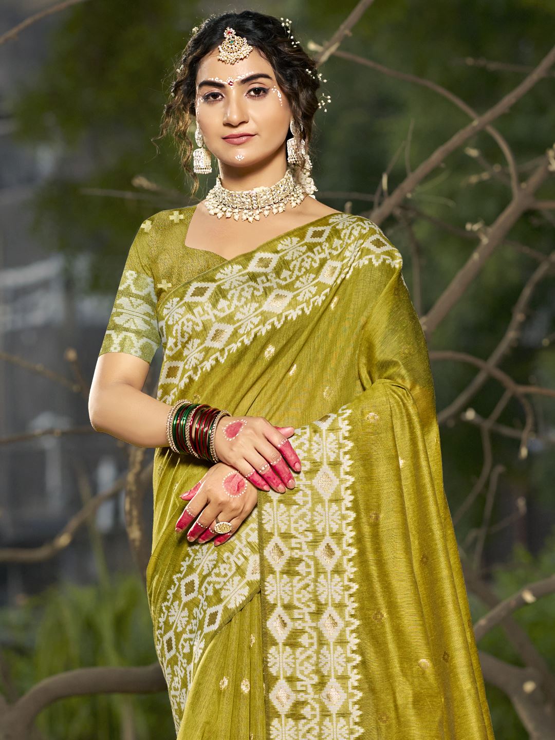 Olive Green  Blended Linen Cotton Saree