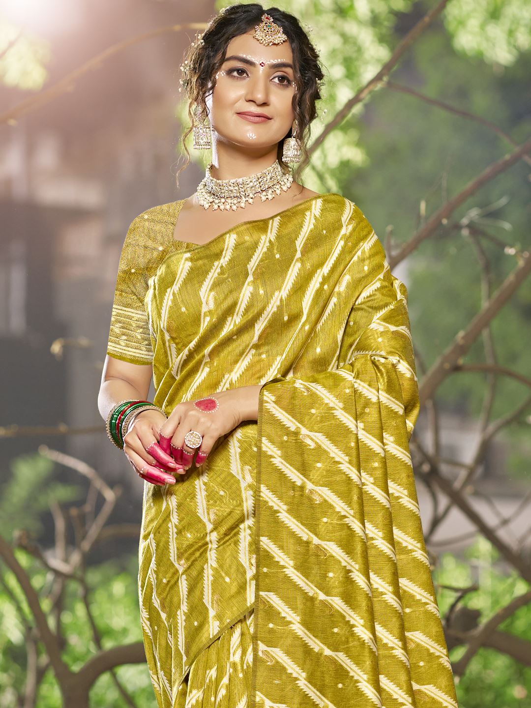 Olive Green Color Leheriya Print Linen Cotton Saree