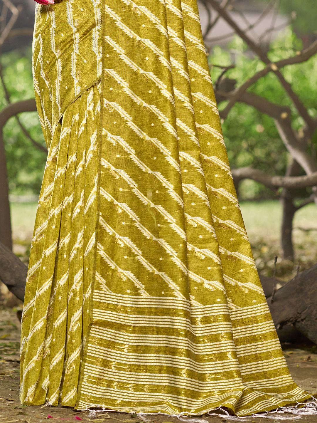 Olive Green Color Leheriya Print Linen Cotton Saree