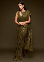 Olive Green Georgette Saree with Thread Embroidery and Sequins Work