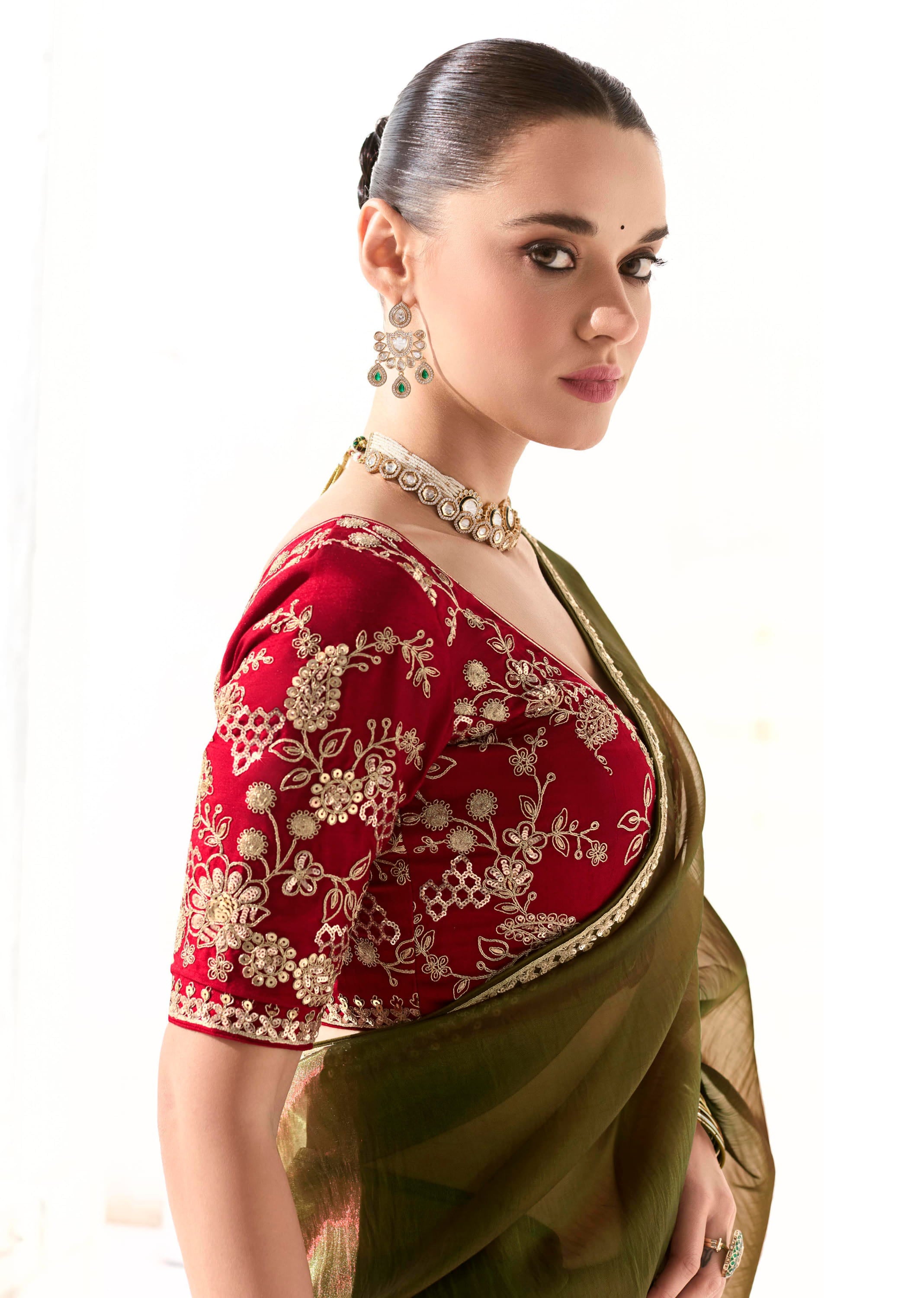 Olive Green Organza Tissue Saree With  Heavy Work Border With Embroidered Blouse