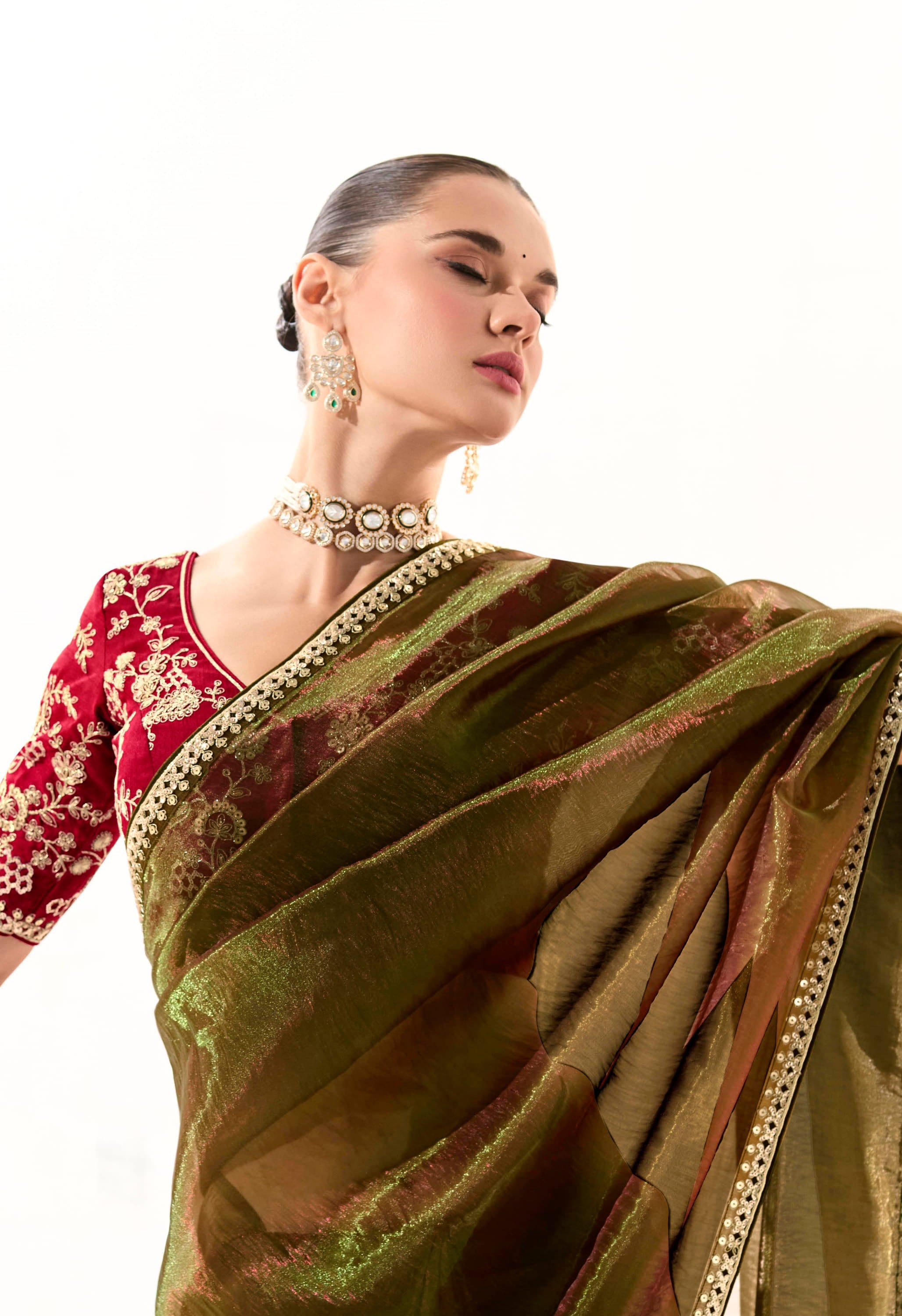 Olive Green Organza Tissue Saree With  Heavy Work Border With Embroidered Blouse