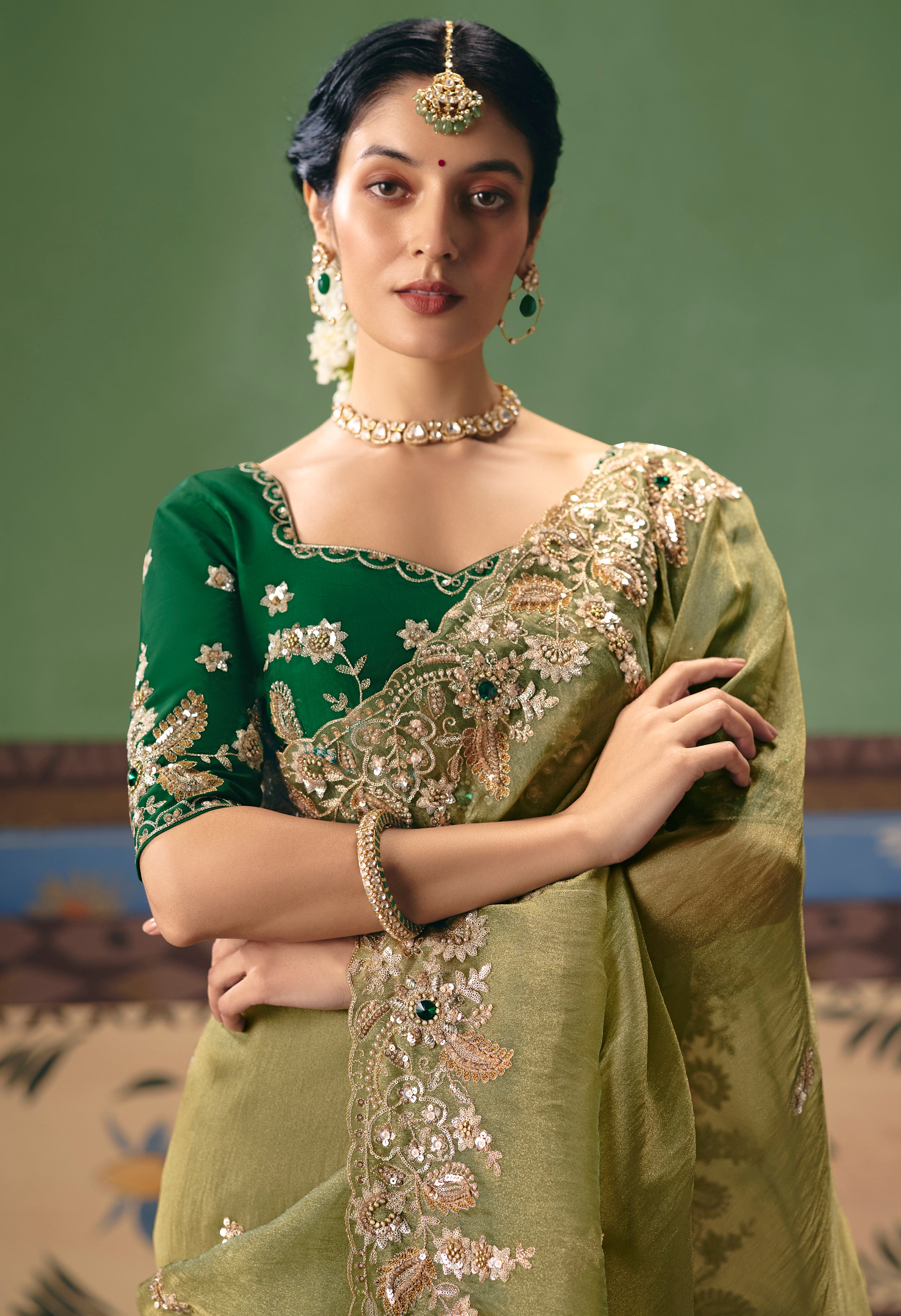 Olive Green Saree With  Heavy Designer Embroidery, Sequince, Stone, Pearl With Beads Work