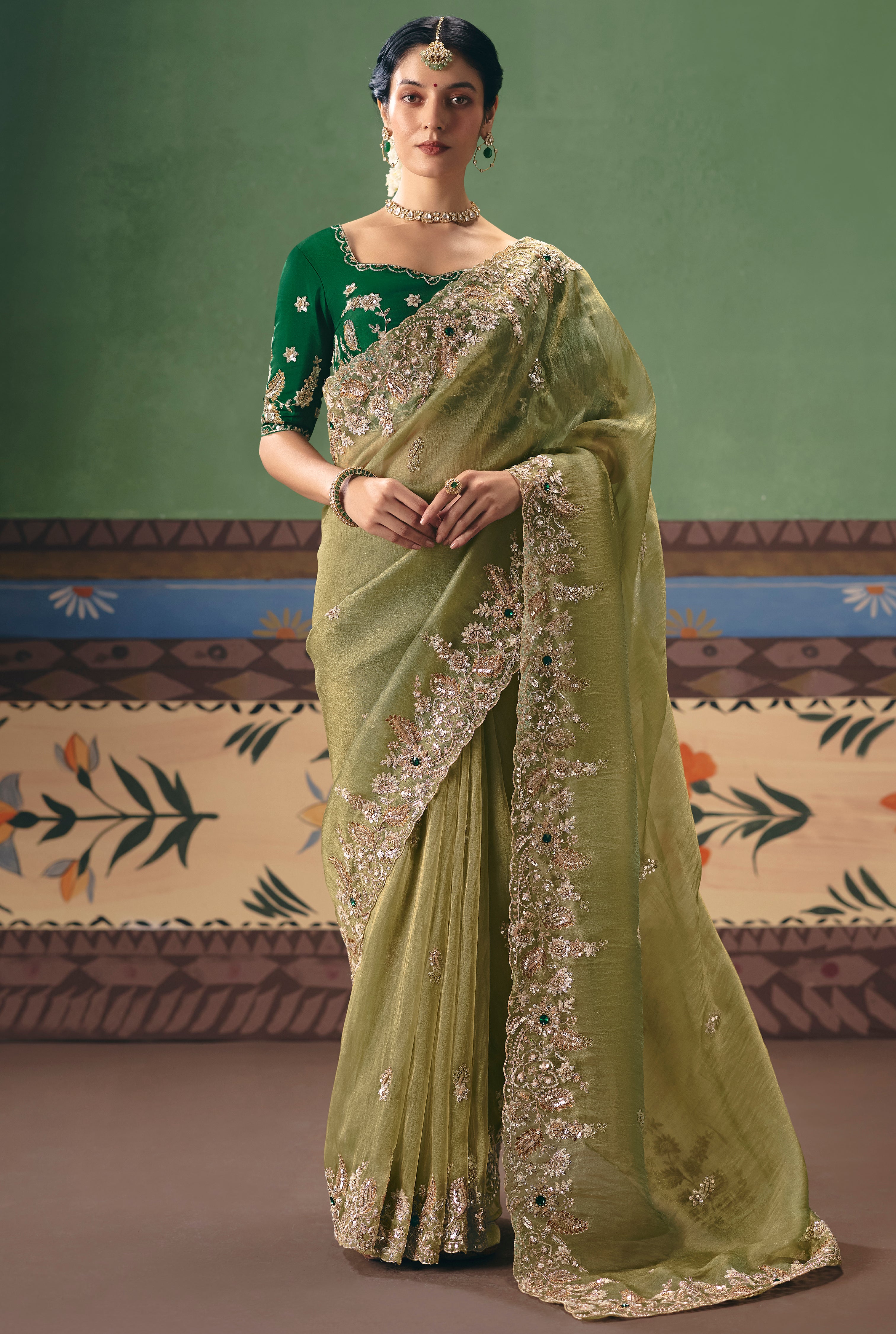 Olive Green Saree With  Heavy Designer Embroidery, Sequince, Stone, Pearl With Beads Work