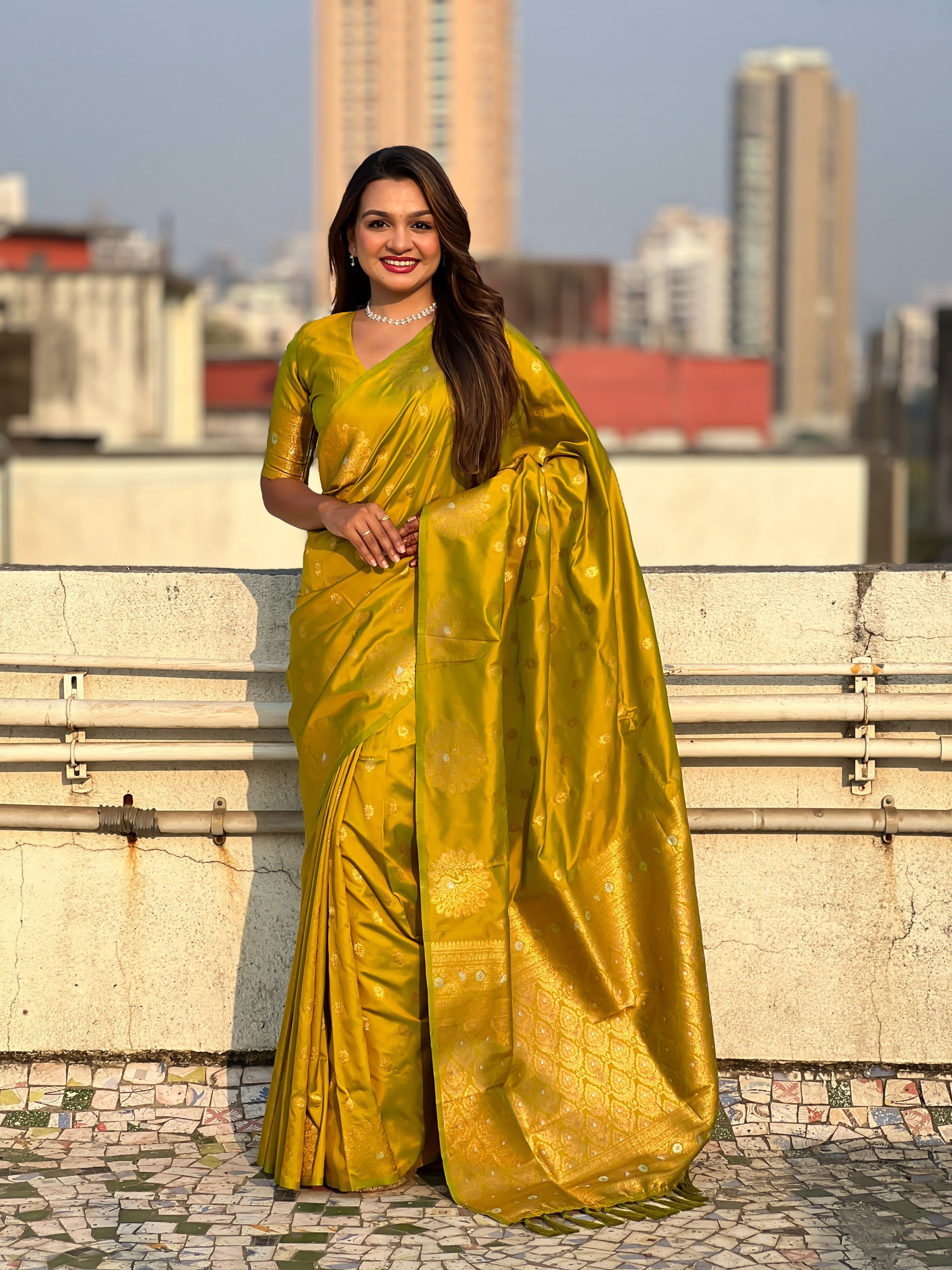 Olive Moonga Silk Woven Dual Jari Peacock Designer Heavy Festive Wear Saree