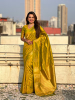 Olive Moonga Silk Woven Dual Jari Peacock Designer Heavy Festive Wear Saree
