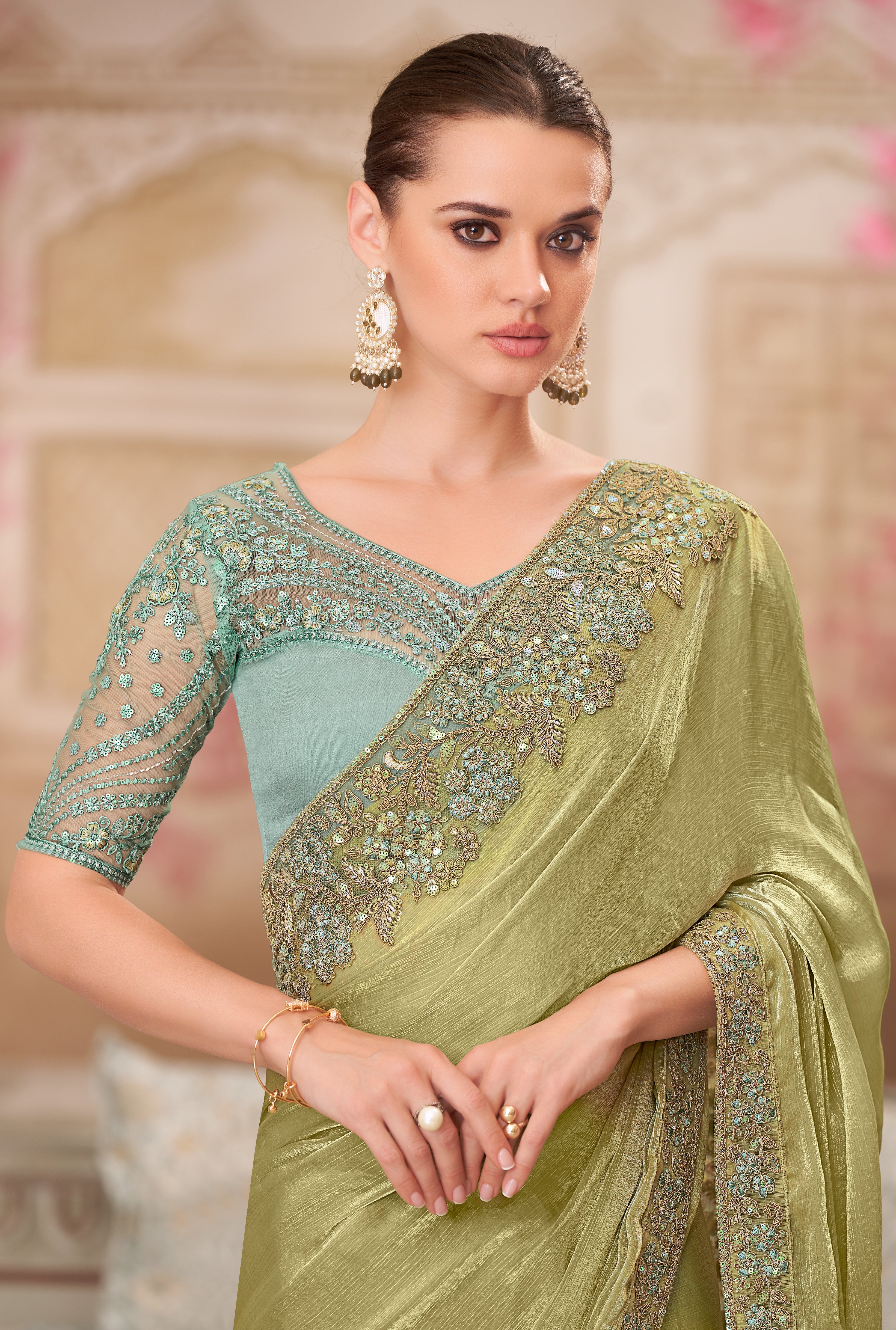 Olive Saree With  Heavy Thread Embroidery Sequins Border Work With Embroidery Blouse