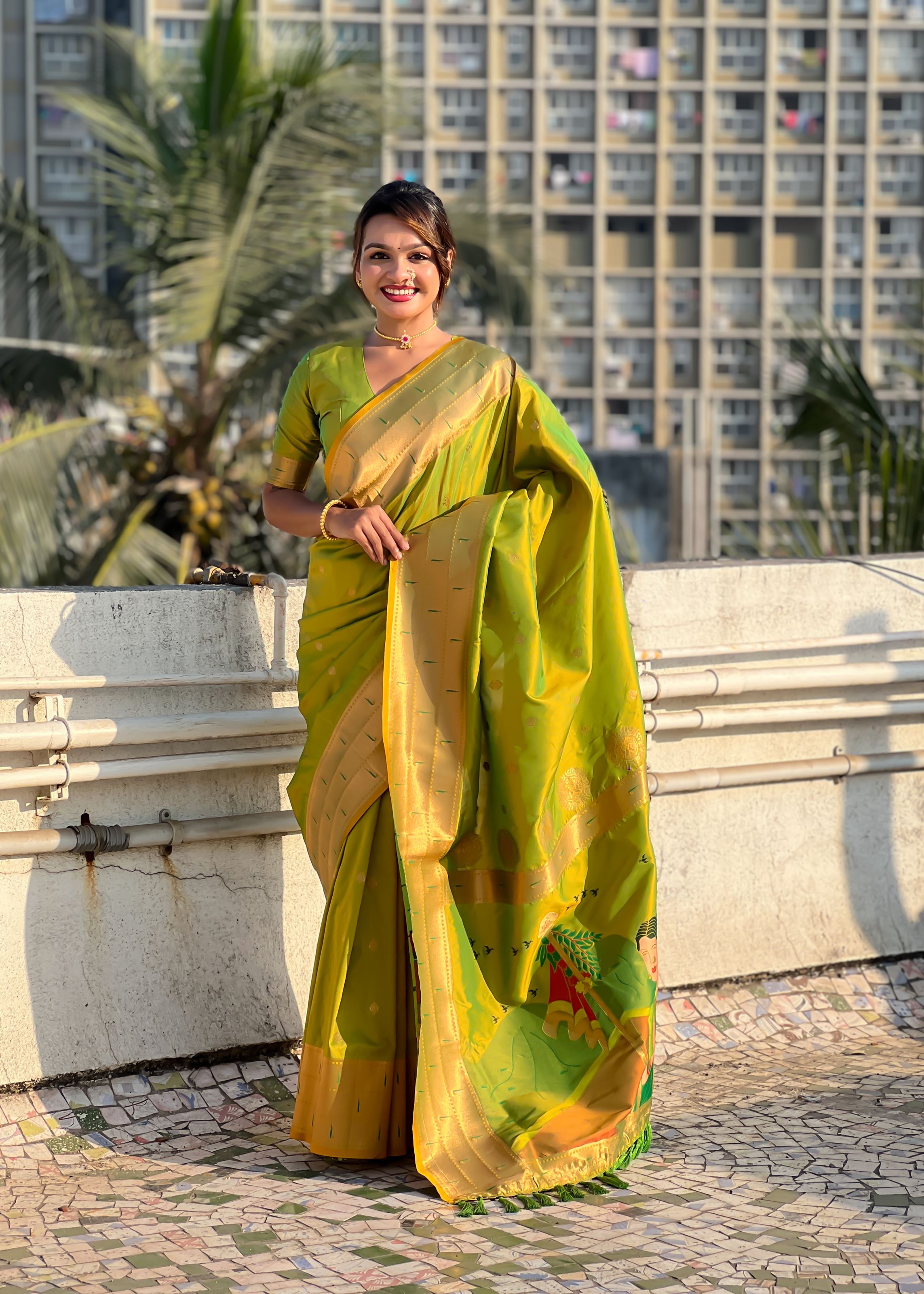 Olive Silk Blend Paithani Saree With Gudi Padwa Print