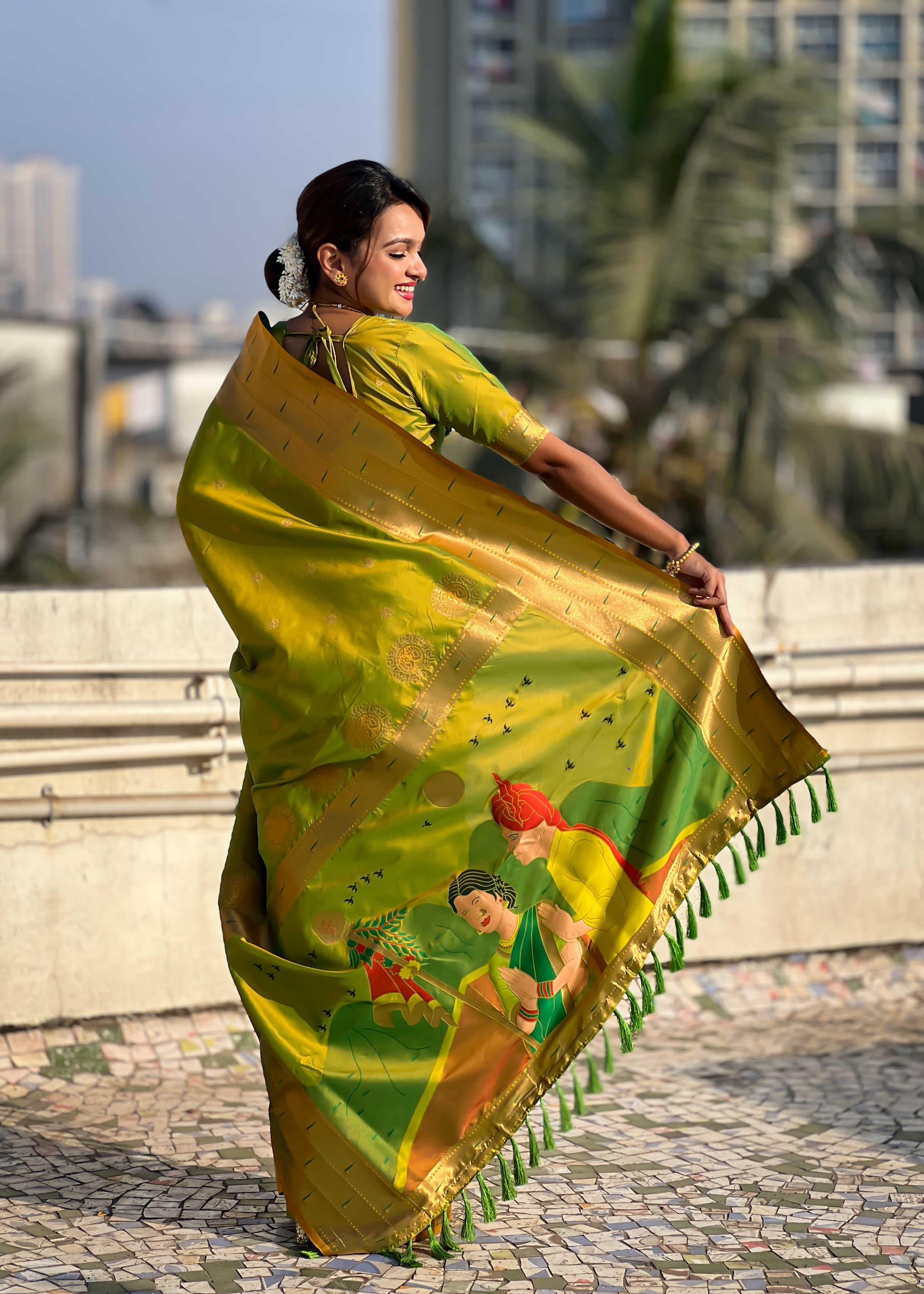 Olive Silk Blend Paithani Saree With Gudi Padwa Print