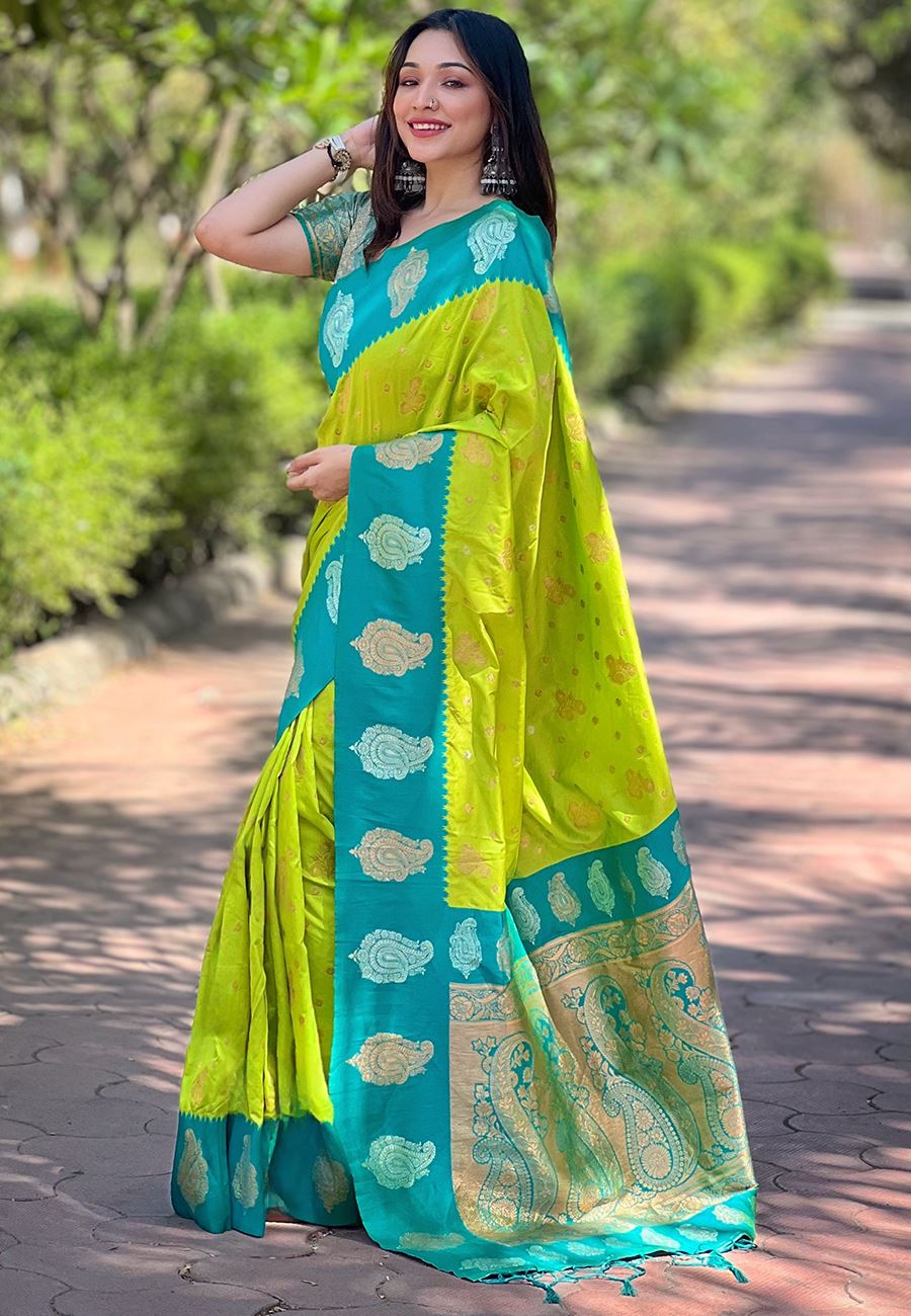 Olive Silk Blend Saree With Floral Border Zari Woven Work