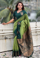 Olive Silk Blend Saree With Floral Border Zari Woven Work